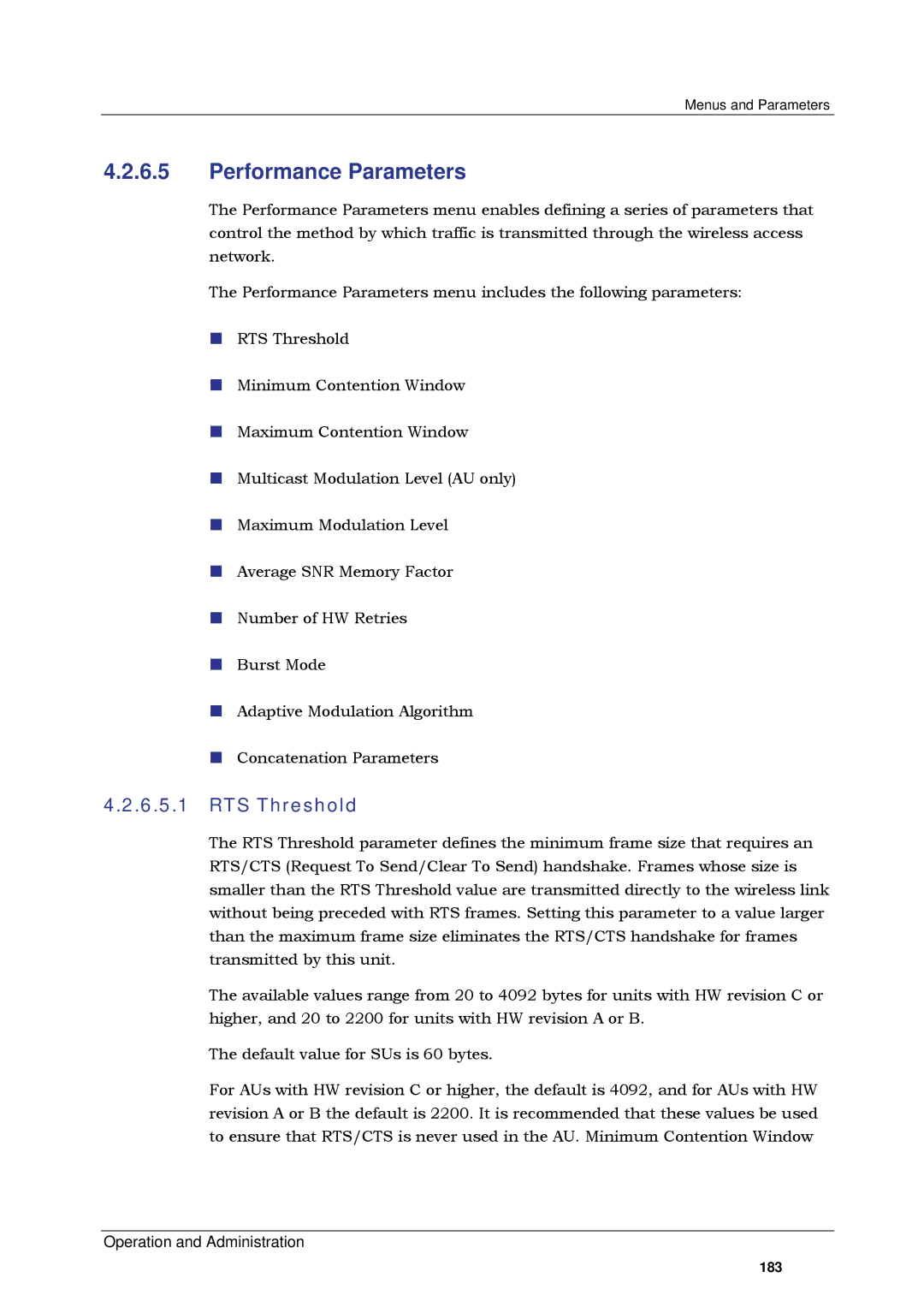 Alvarion SW VERSION 5.1 system manual Performance Parameters, RTS Threshold 