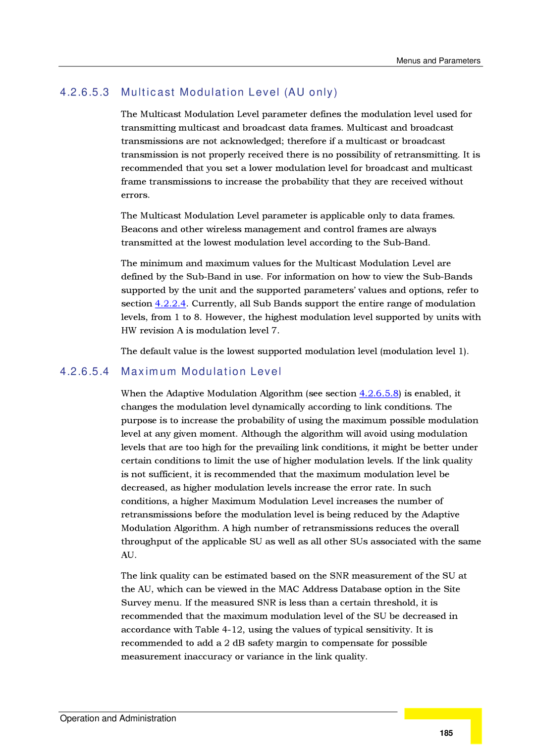 Alvarion SW VERSION 5.1 system manual Multicast Modulation Level AU only, Maximum Modulation Level 