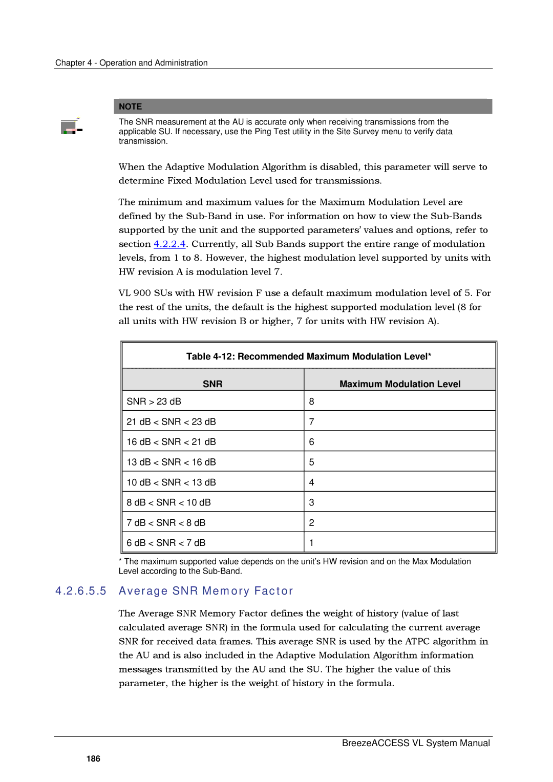 Alvarion SW VERSION 5.1 system manual Average SNR Memory Factor, Recommended Maximum Modulation Level 