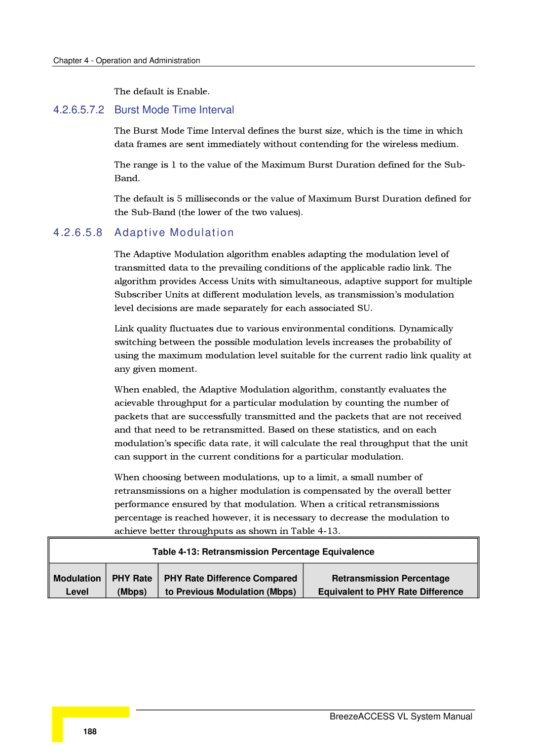 Alvarion SW VERSION 5.1 system manual Burst Mode Time Interval, Adaptive Modulation 