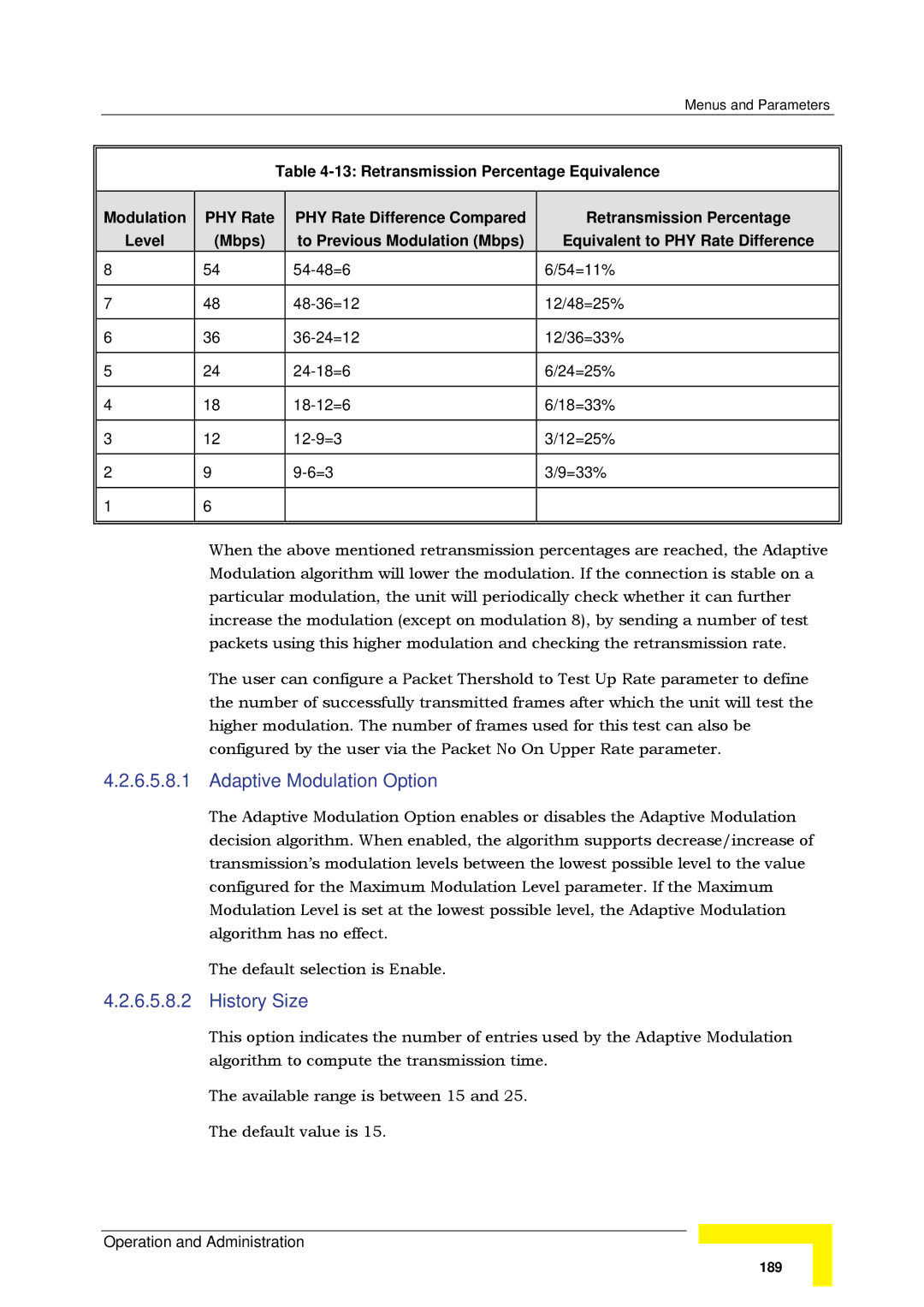 Alvarion SW VERSION 5.1 system manual Adaptive Modulation Option, History Size, Retransmission Percentage Equivalence 