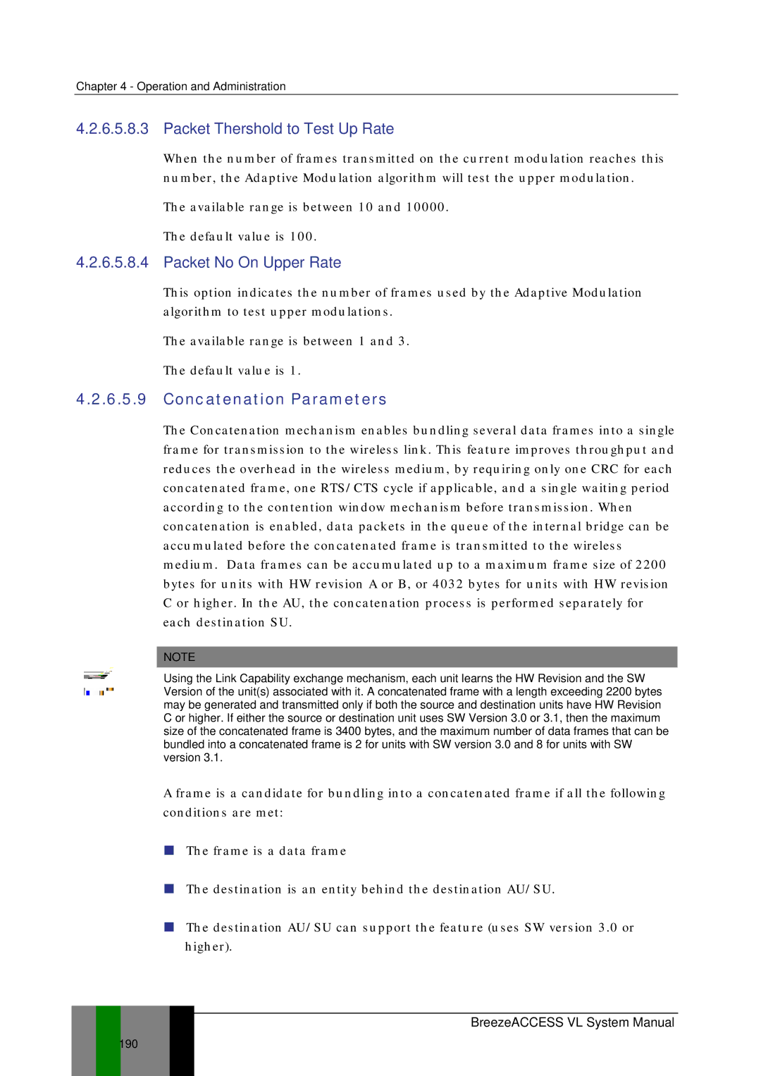 Alvarion SW VERSION 5.1 system manual Packet Thershold to Test Up Rate, Packet No On Upper Rate, Concatenation Parameters 