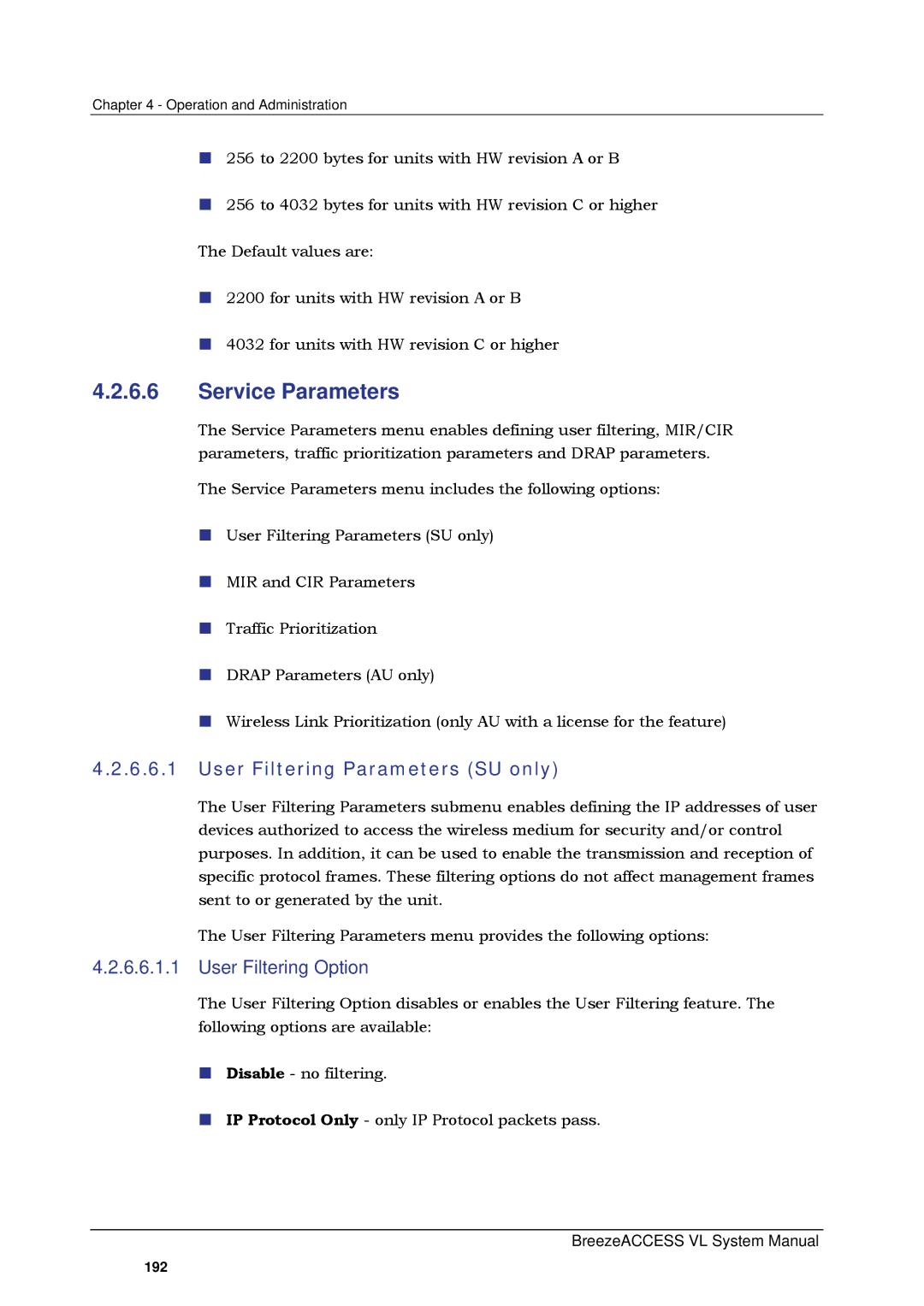 Alvarion SW VERSION 5.1 system manual Service Parameters, User Filtering Parameters SU only, User Filtering Option 