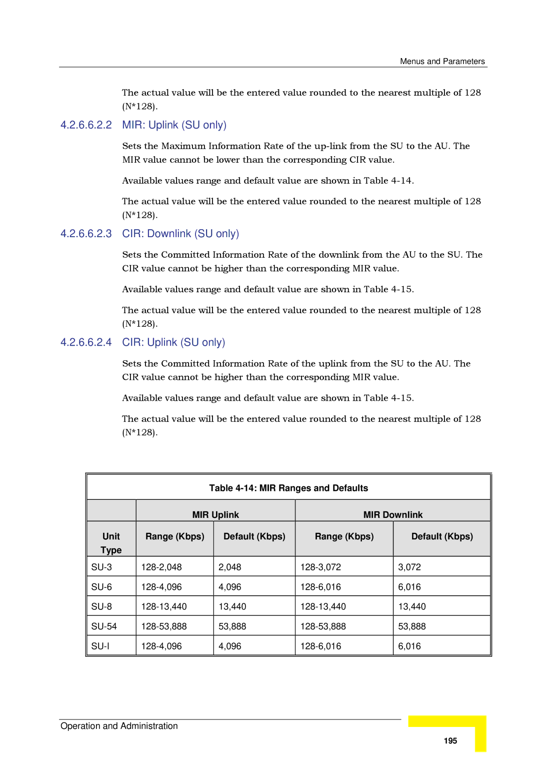 Alvarion SW VERSION 5.1 system manual MIR Uplink SU only, CIR Downlink SU only, CIR Uplink SU only, Su-I 