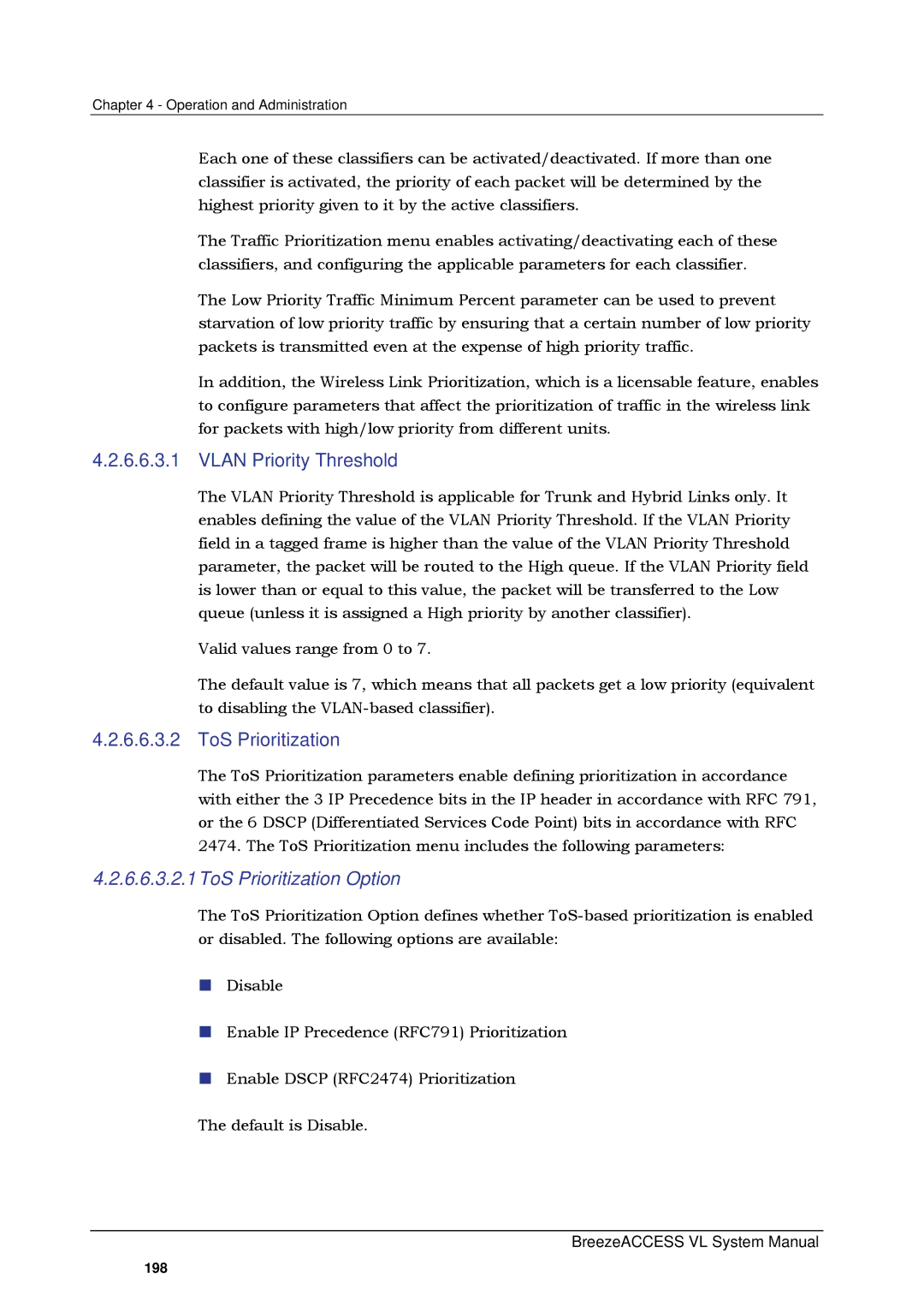 Alvarion SW VERSION 5.1 system manual Vlan Priority Threshold, 6.6.3.2.1ToS Prioritization Option 