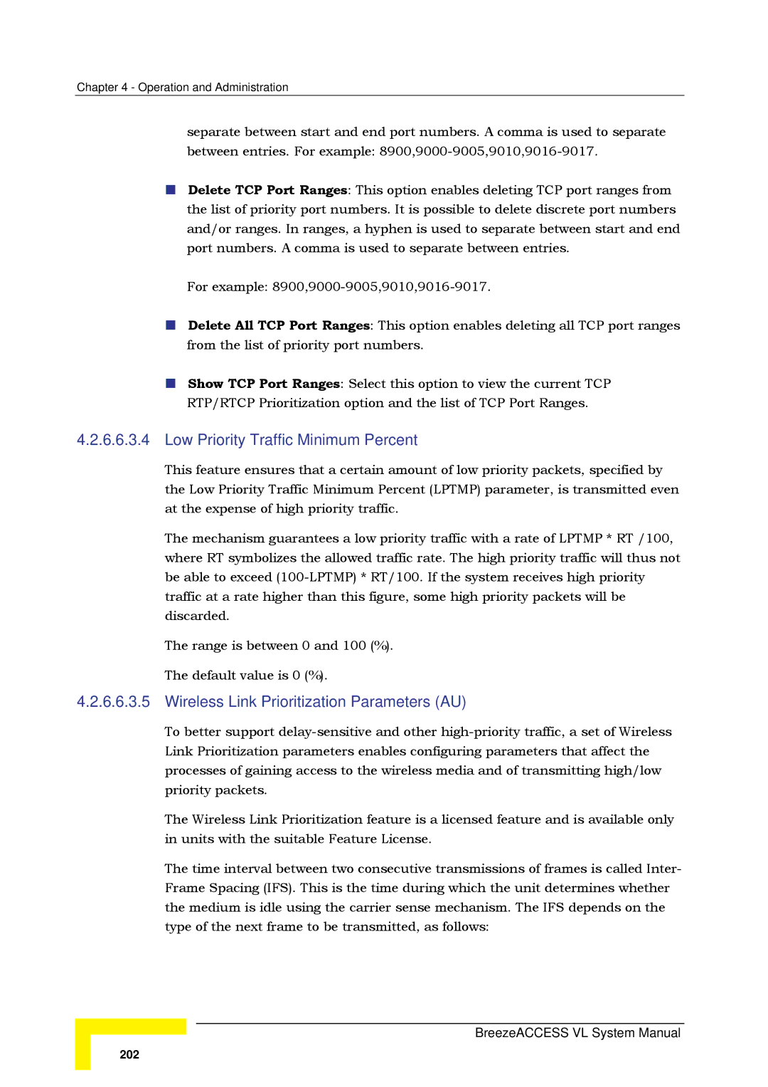 Alvarion SW VERSION 5.1 system manual Low Priority Traffic Minimum Percent, Wireless Link Prioritization Parameters AU 