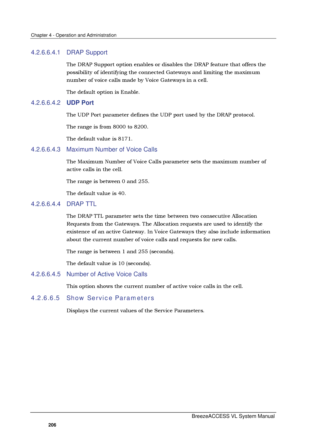 Alvarion SW VERSION 5.1 system manual UDP Port, Show Service Parameters 