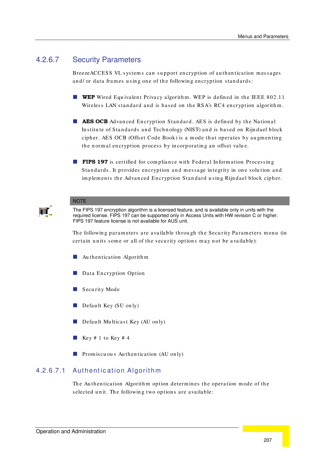 Alvarion SW VERSION 5.1 system manual Security Parameters, Authentication Algorithm 