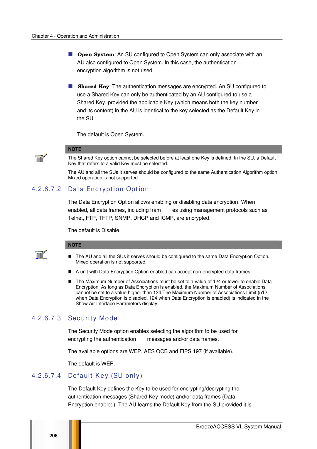 Alvarion SW VERSION 5.1 system manual Data Encryption Option, Security Mode, Default Key SU only 