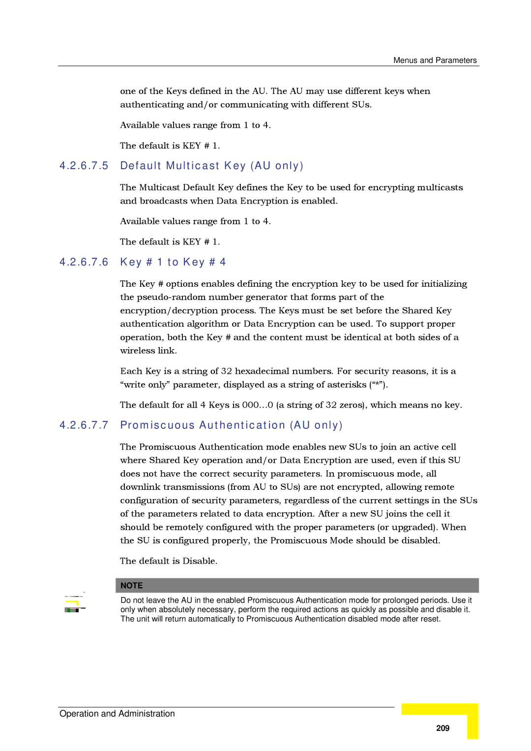 Alvarion SW VERSION 5.1 system manual Default Multicast Key AU only, Key # 1 to Key #, Promiscuous Authentication AU only 