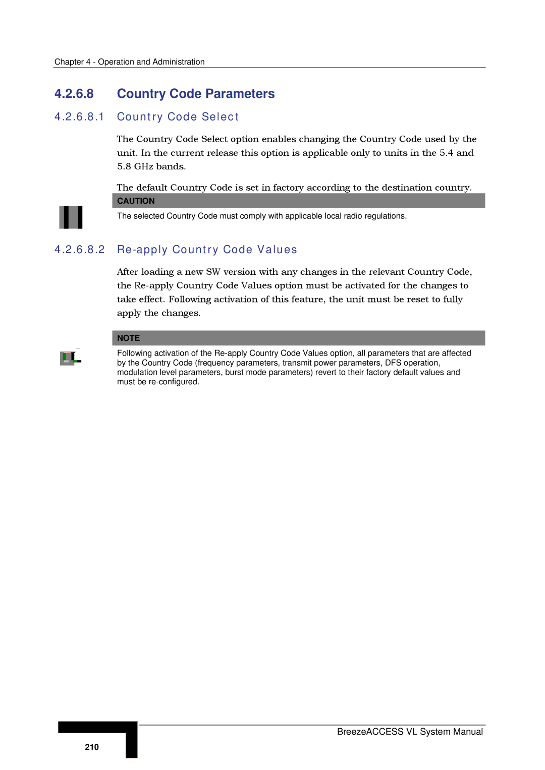 Alvarion SW VERSION 5.1 system manual Country Code Parameters, Country Code Select, Re-apply Country Code Values 