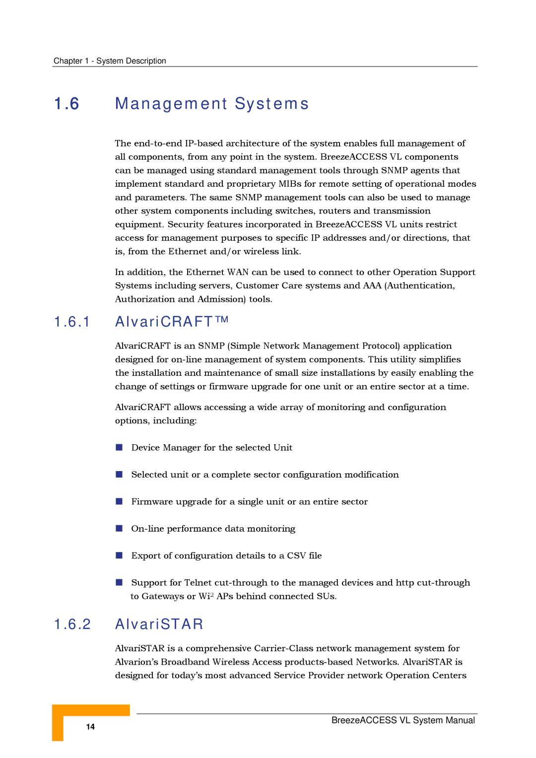 Alvarion SW VERSION 5.1 system manual Management Systems, AlvariCRAFT, AlvariSTAR 