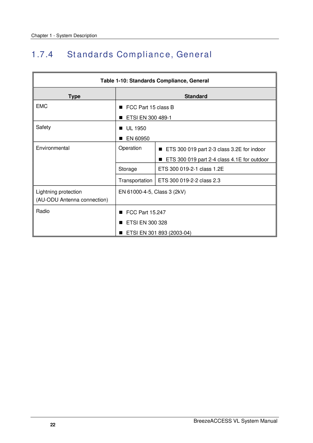 Alvarion SW VERSION 5.1 system manual Standards Compliance, General, Type Standard, Emc 