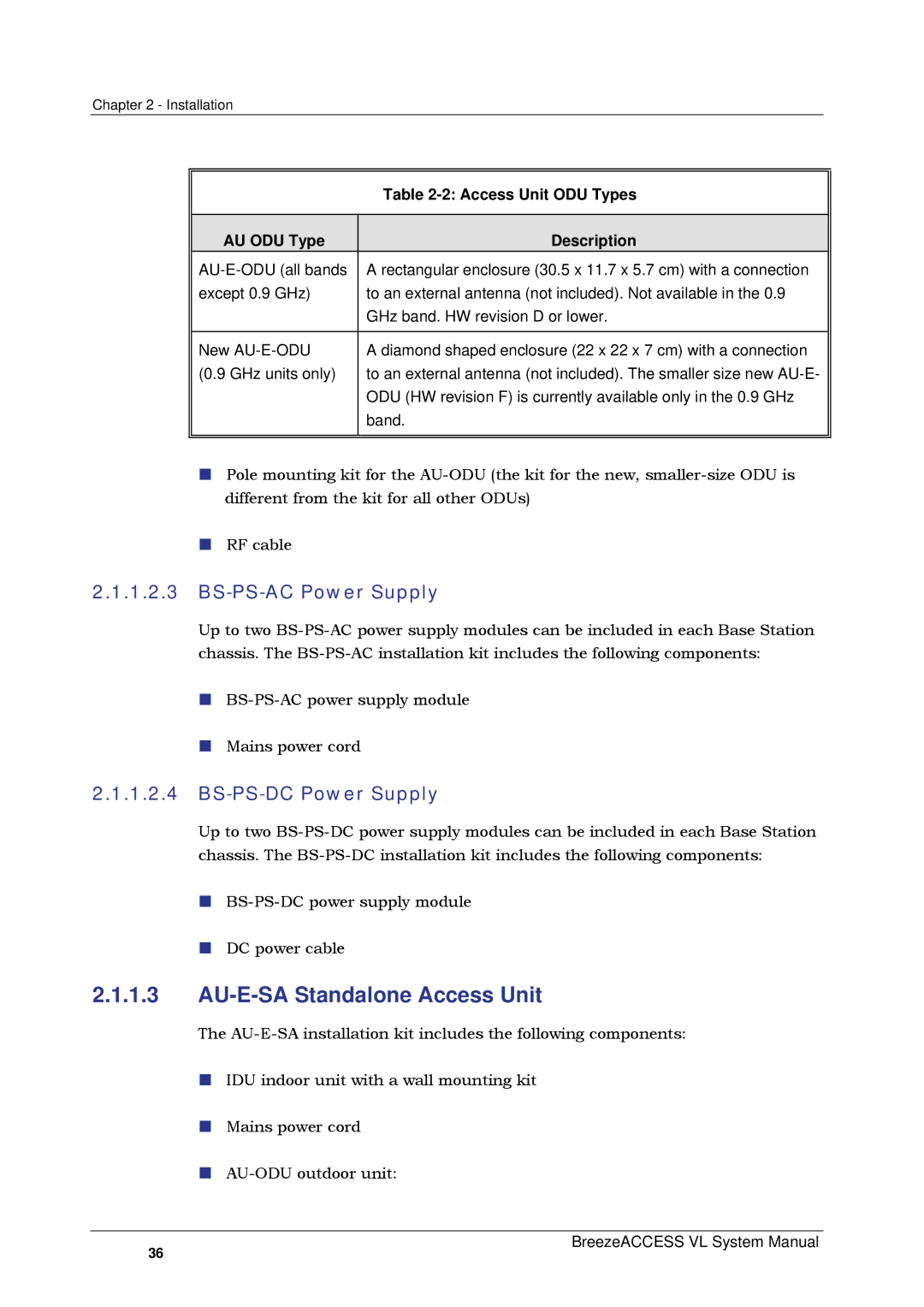 Alvarion SW VERSION 5.1 system manual AU-E-SA Standalone Access Unit, BS-PS-AC Power Supply, BS-PS-DC Power Supply 