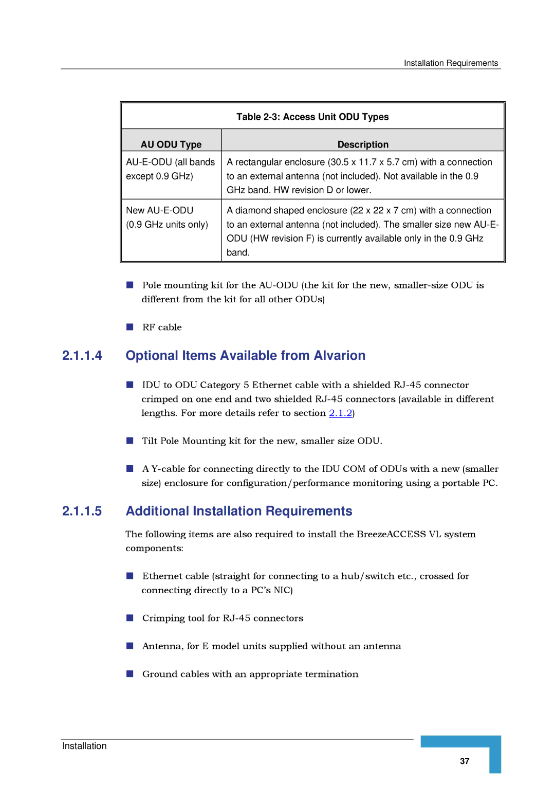 Alvarion SW VERSION 5.1 system manual Optional Items Available from Alvarion, Additional Installation Requirements 