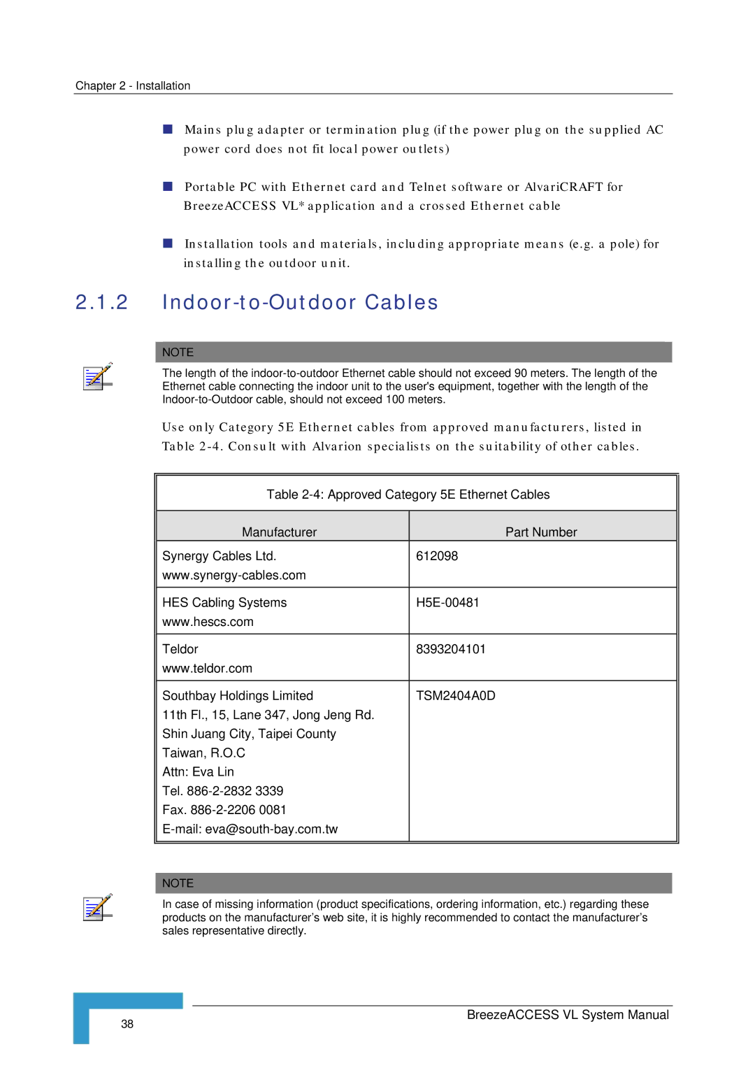 Alvarion SW VERSION 5.1 system manual Indoor-to-Outdoor Cables 