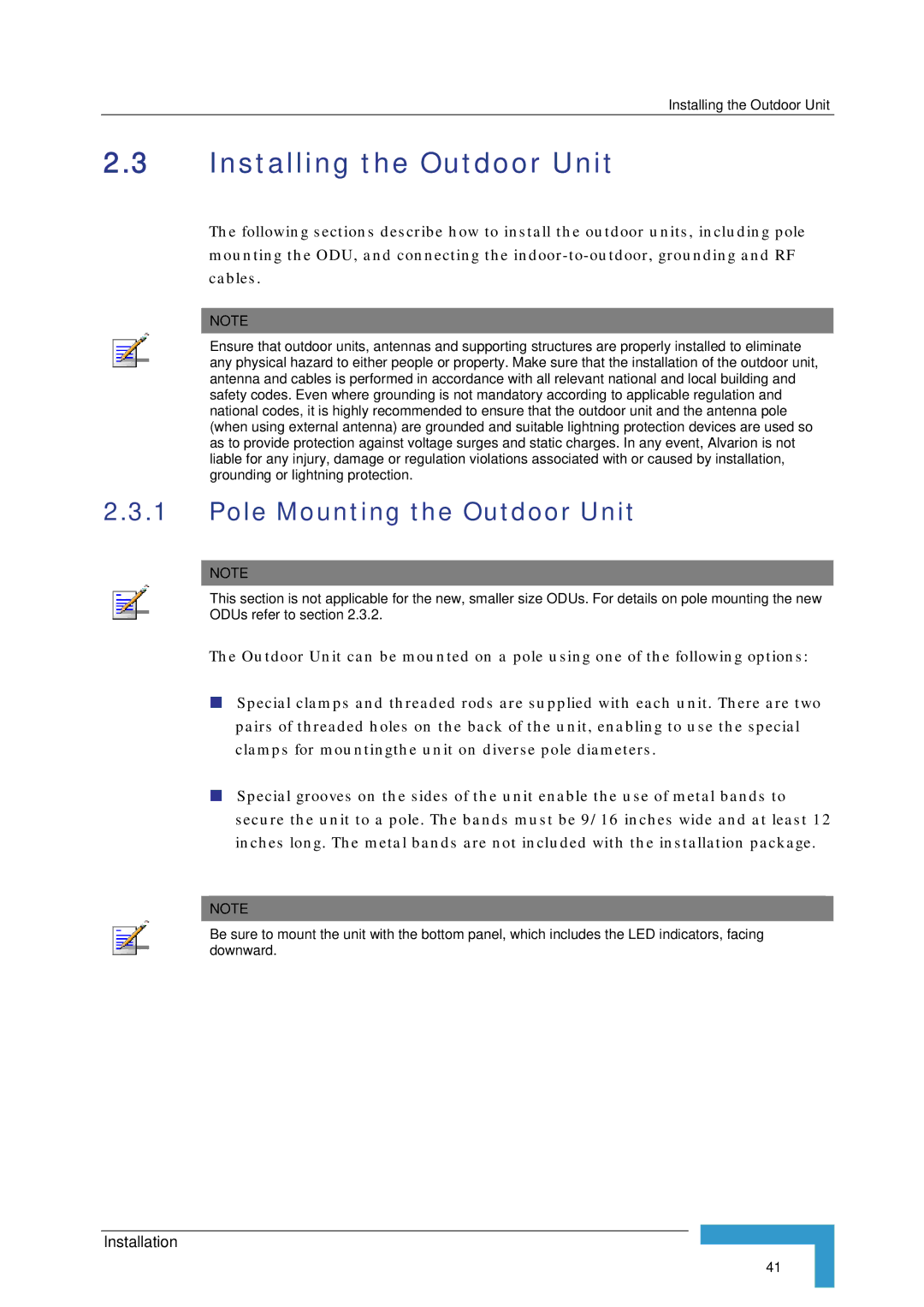 Alvarion SW VERSION 5.1 system manual Installing the Outdoor Unit, Pole Mounting the Outdoor Unit 