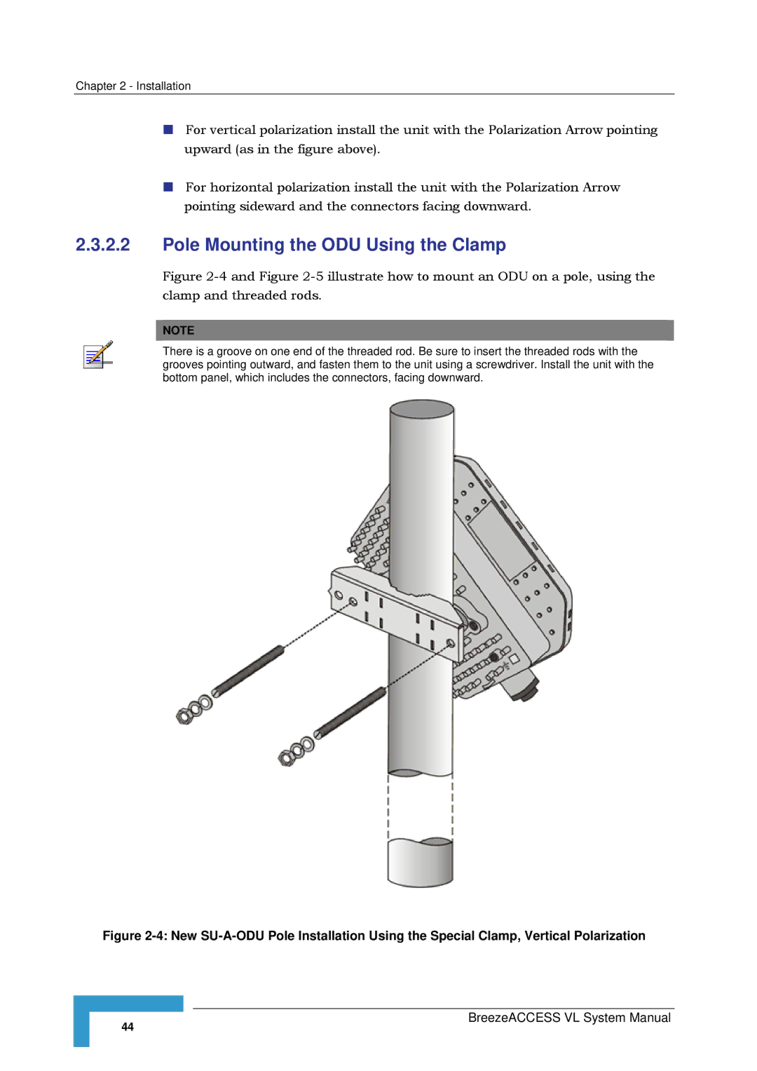 Alvarion SW VERSION 5.1 system manual Pole Mounting the ODU Using the Clamp 