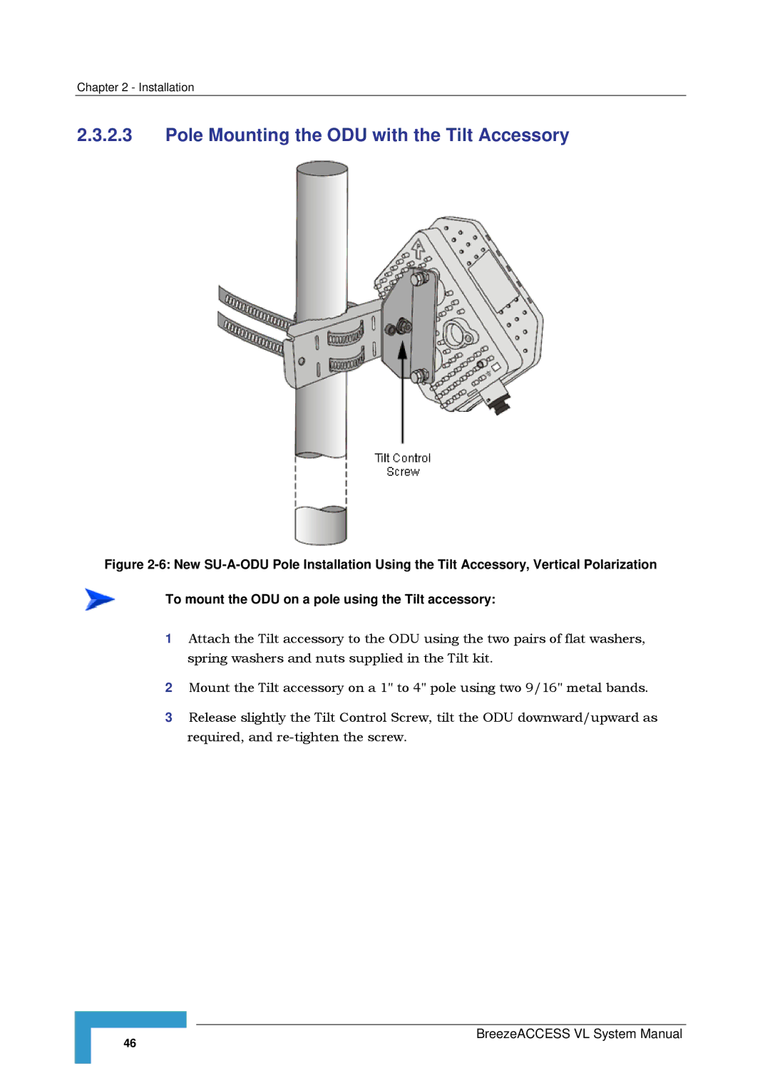 Alvarion SW VERSION 5.1 system manual Pole Mounting the ODU with the Tilt Accessory 