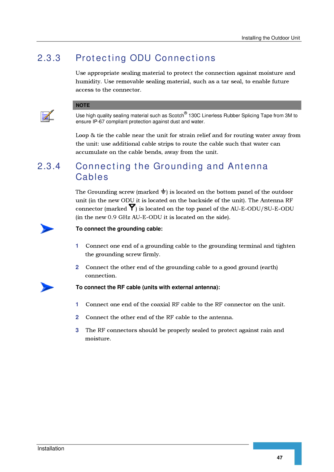 Alvarion SW VERSION 5.1 system manual Protecting ODU Connections, Connecting the Grounding and Antenna Cables 