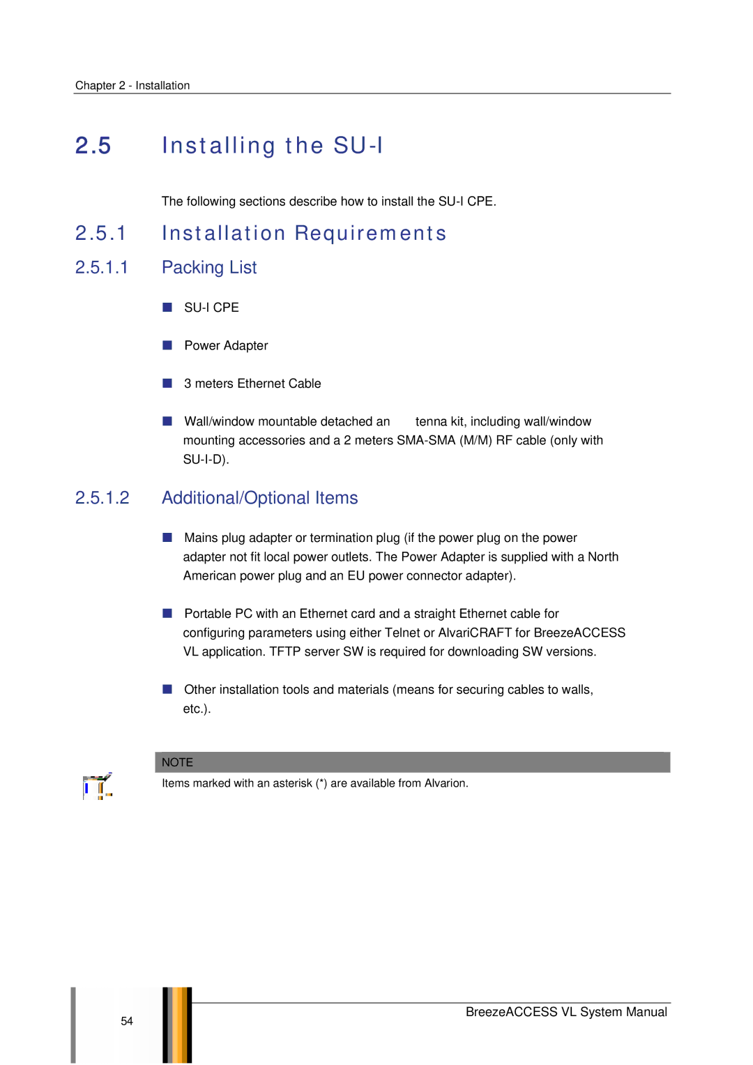 Alvarion SW VERSION 5.1 Installing the SU-I, Installation Requirements, Packing List, Additional/Optional Items 