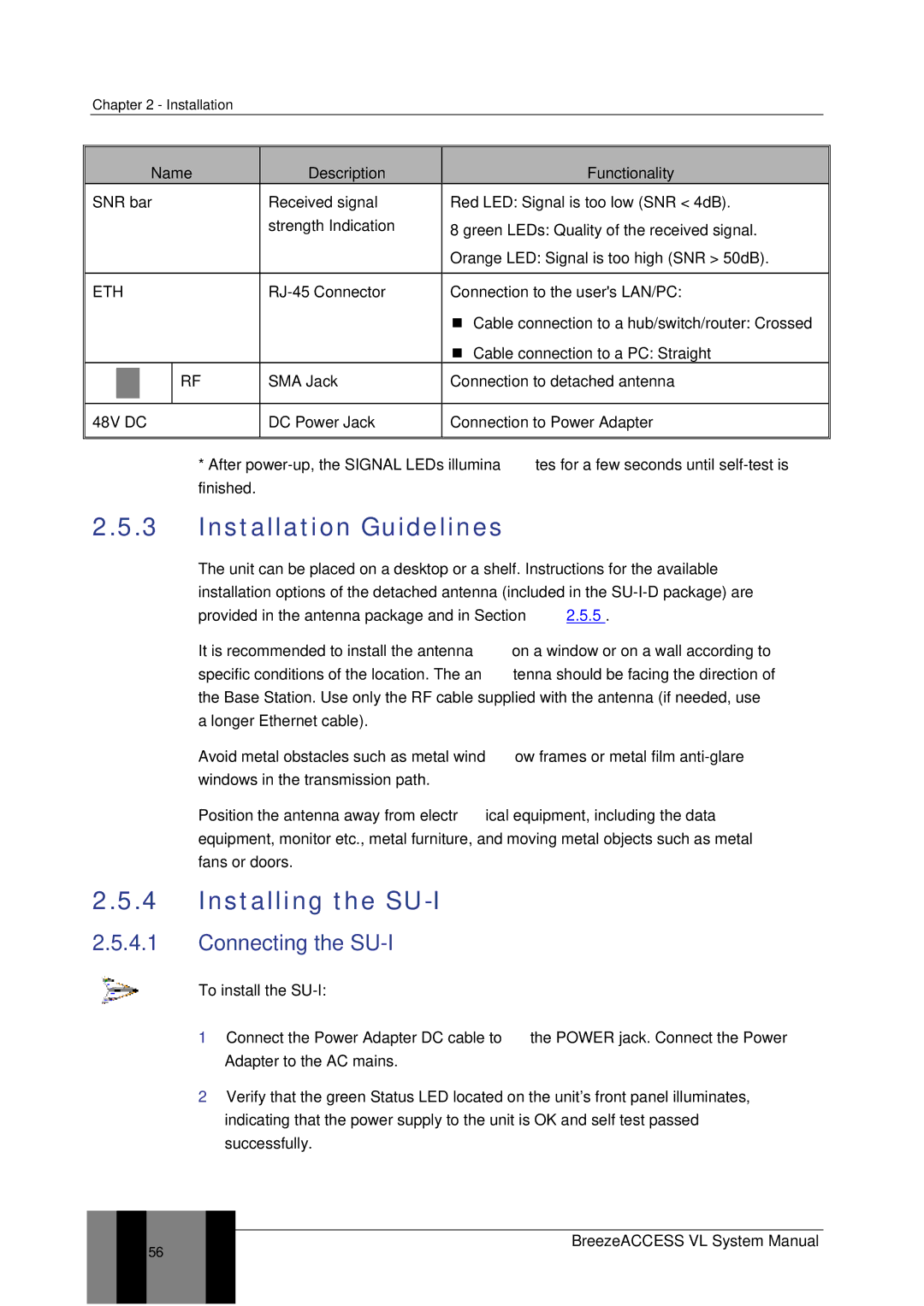 Alvarion SW VERSION 5.1 Installation Guidelines, Installing the SU-I, Connecting the SU-I, Name Description Functionality 