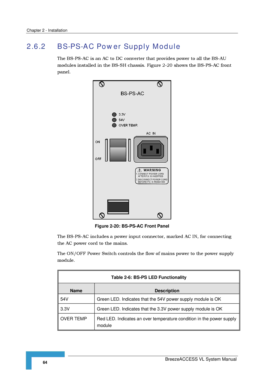 Alvarion SW VERSION 5.1 system manual BS-PS-AC Power Supply Module, BS-PS LED Functionality 