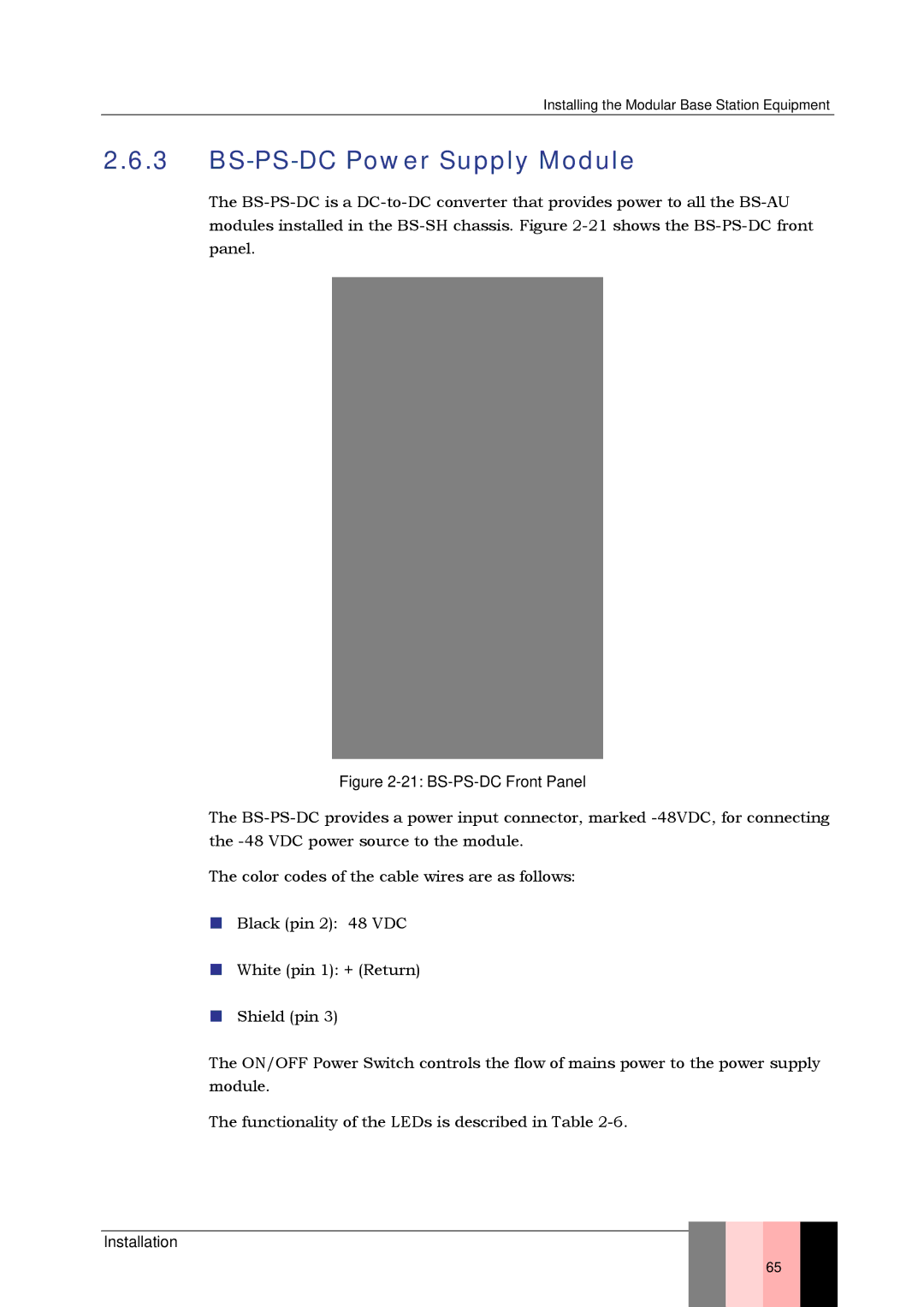 Alvarion SW VERSION 5.1 system manual BS-PS-DC Power Supply Module, BS-PS-DC Front Panel 