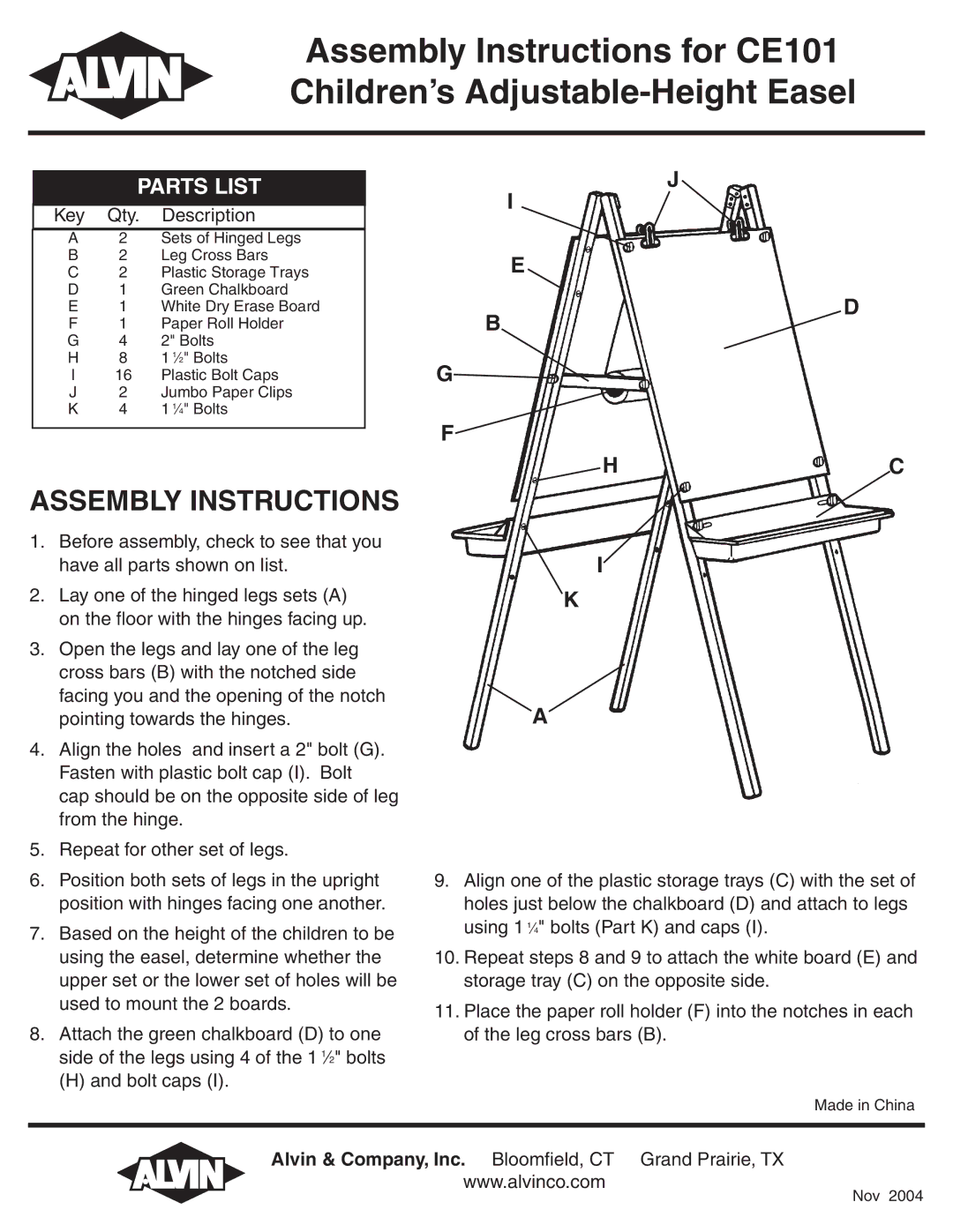 Alvin CE101 manual Assembly Instructions, Parts List, Key Qty Description 