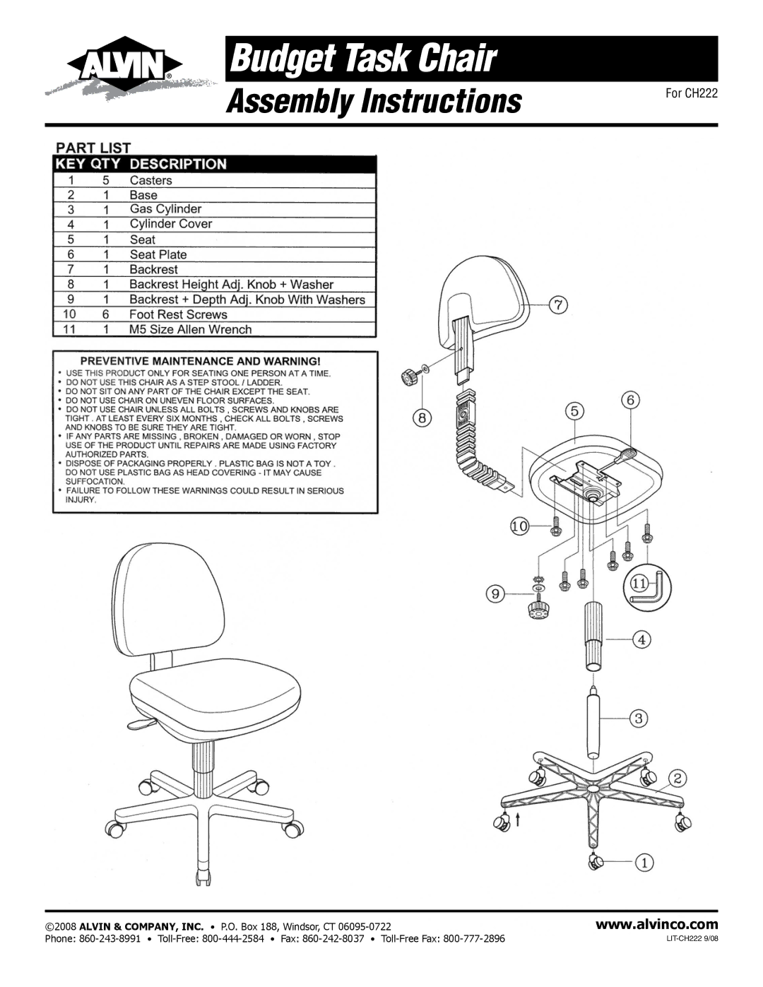 Alvin manual Budget Task Chair, Assembly Instructions, For CH222 