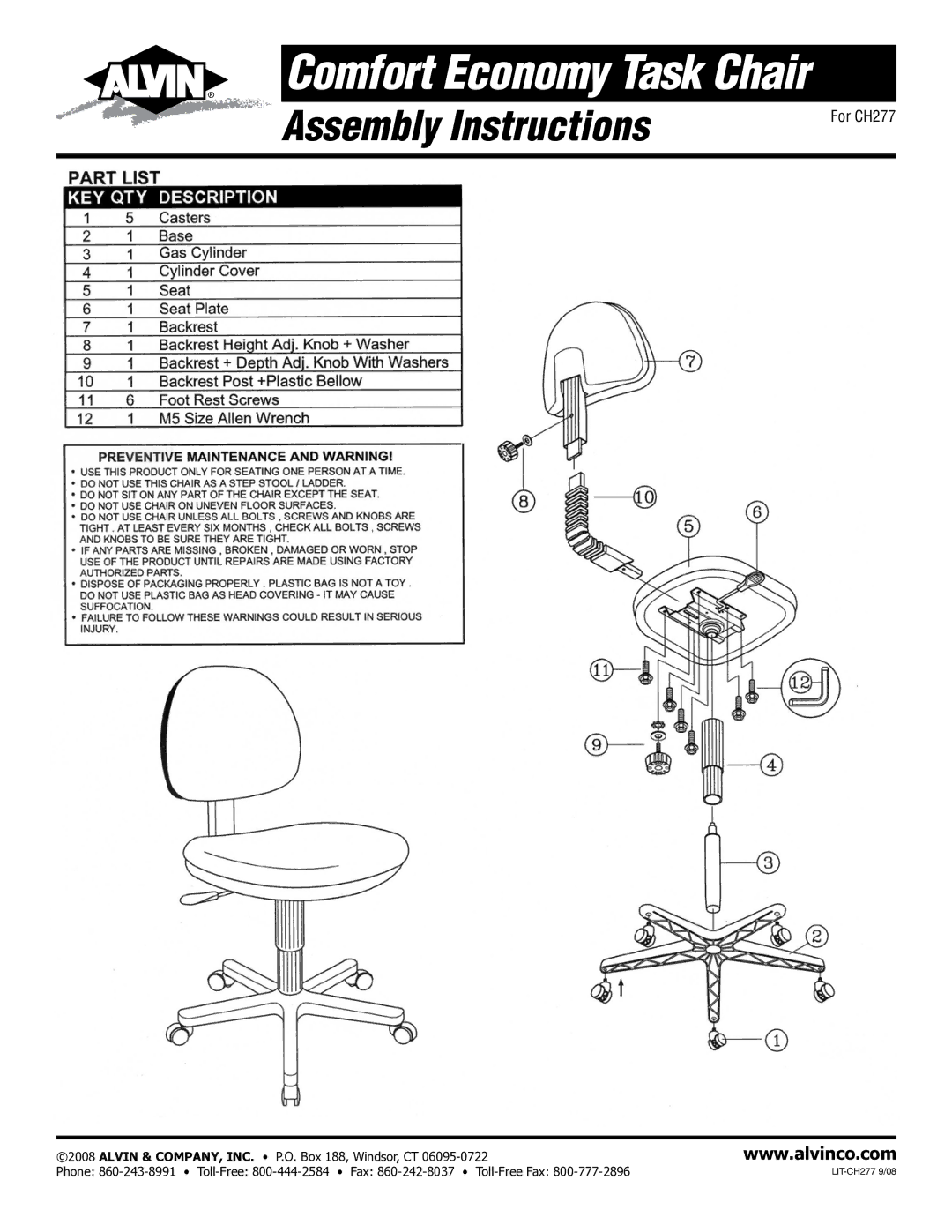 Alvin manual Comfort Economy Task Chair, Assembly Instructions, For CH277 