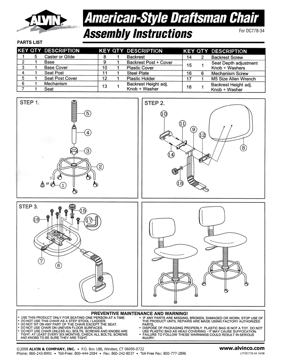 Alvin manual American-Style Draftsman Chair, Assembly Instructions, For DC778-34 