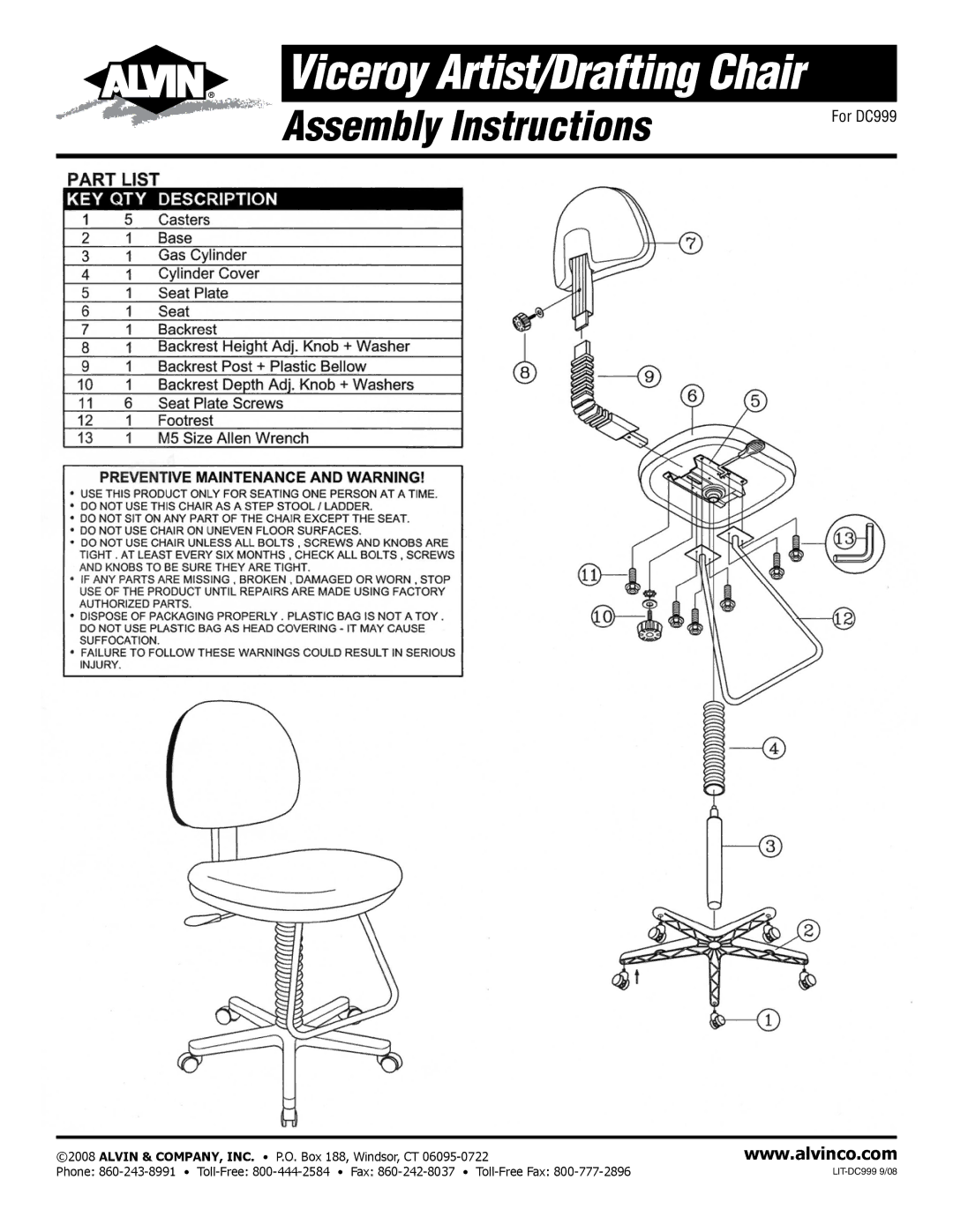 Alvin manual Viceroy Artist/Drafting Chair, Assembly Instructions, For DC999 