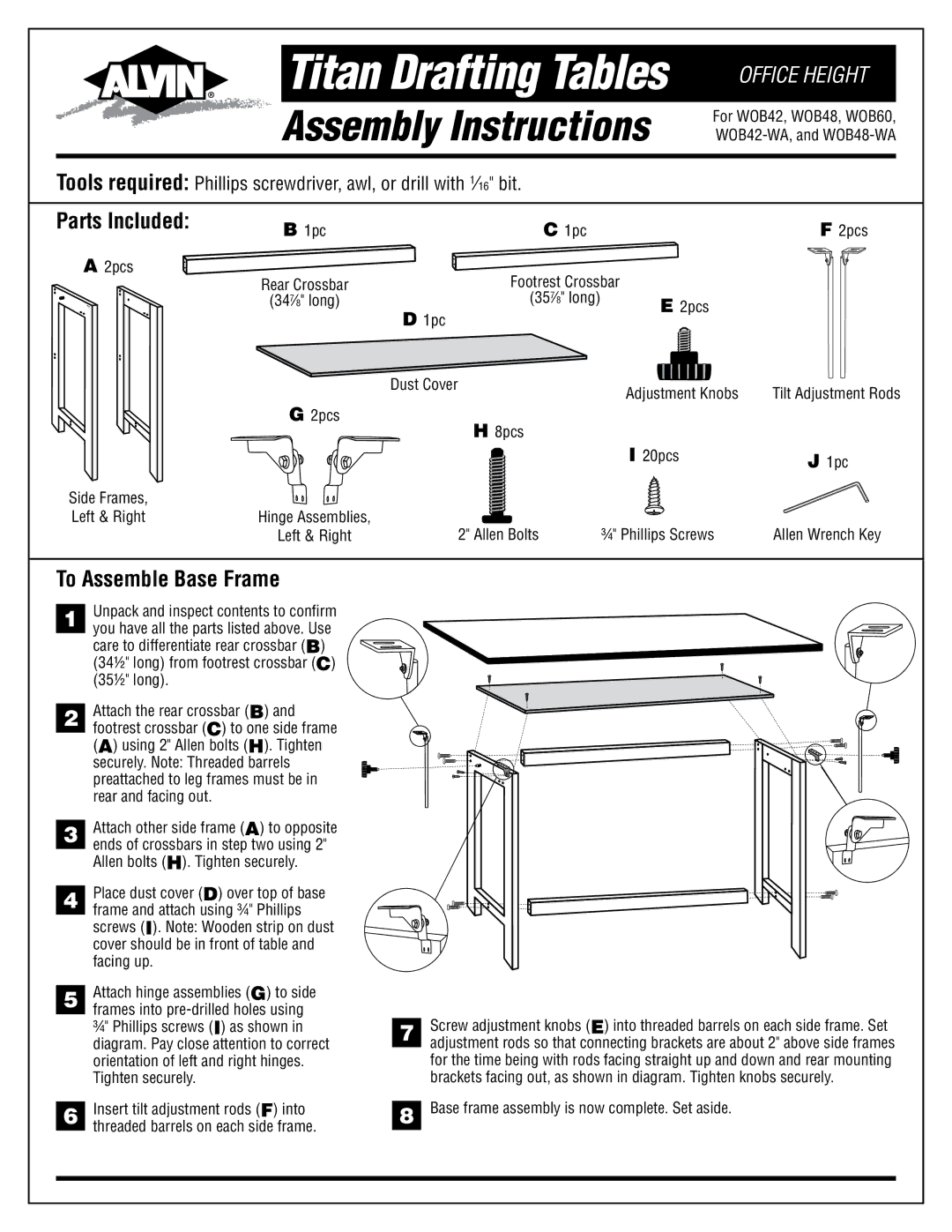 Alvin manual Titan Drafting Tables, Assembly Instructions, Office Height, Parts Included, To Assemble Base Frame 