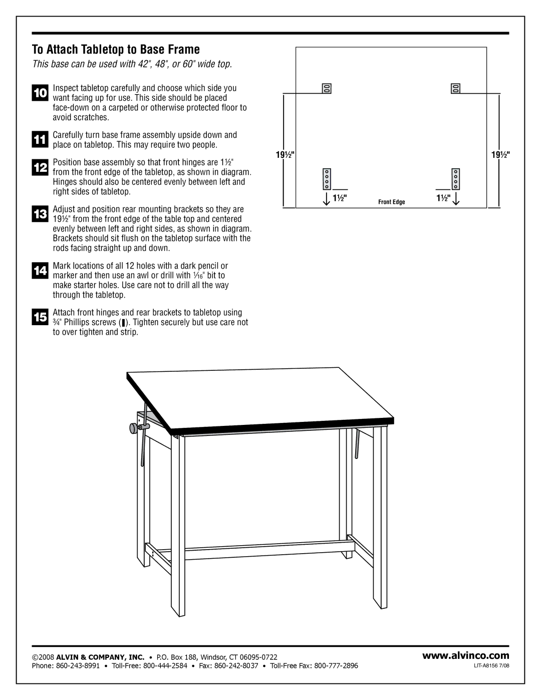 Alvin Drafting Table manual To Attach Tabletop to Base Frame, This base can be used with 42, 48, or 60 wide top 