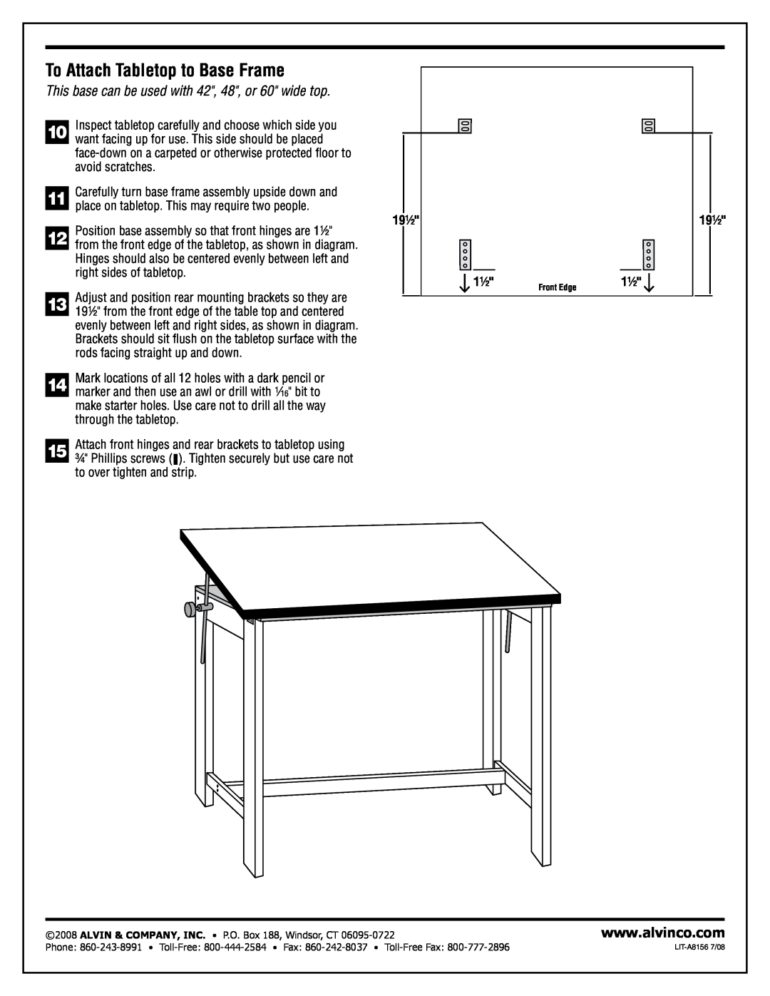 Alvin Drafting Table manual To Attach Tabletop to Base Frame, This base can be used with 42, 48, or 60 wide top 