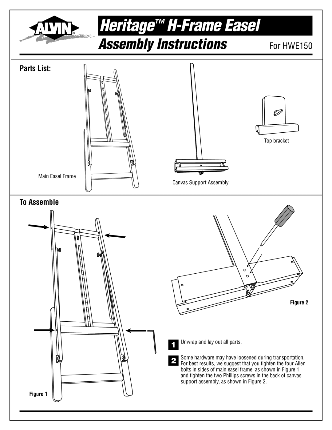 Alvin manual Heritage H-Frame Easel, Assembly Instructions, For HWE150, Parts List, To Assemble 