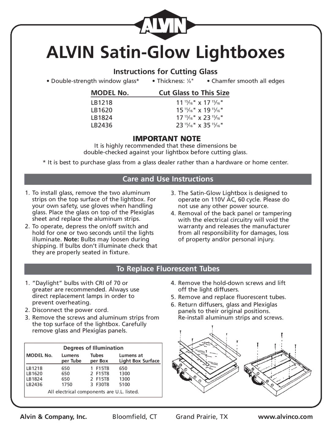 Alvin LB1620, LB1218, LB2436, LB1824 dimensions Alvin Satin-Glow Lightboxes, Instructions for Cutting Glass, Important Note 