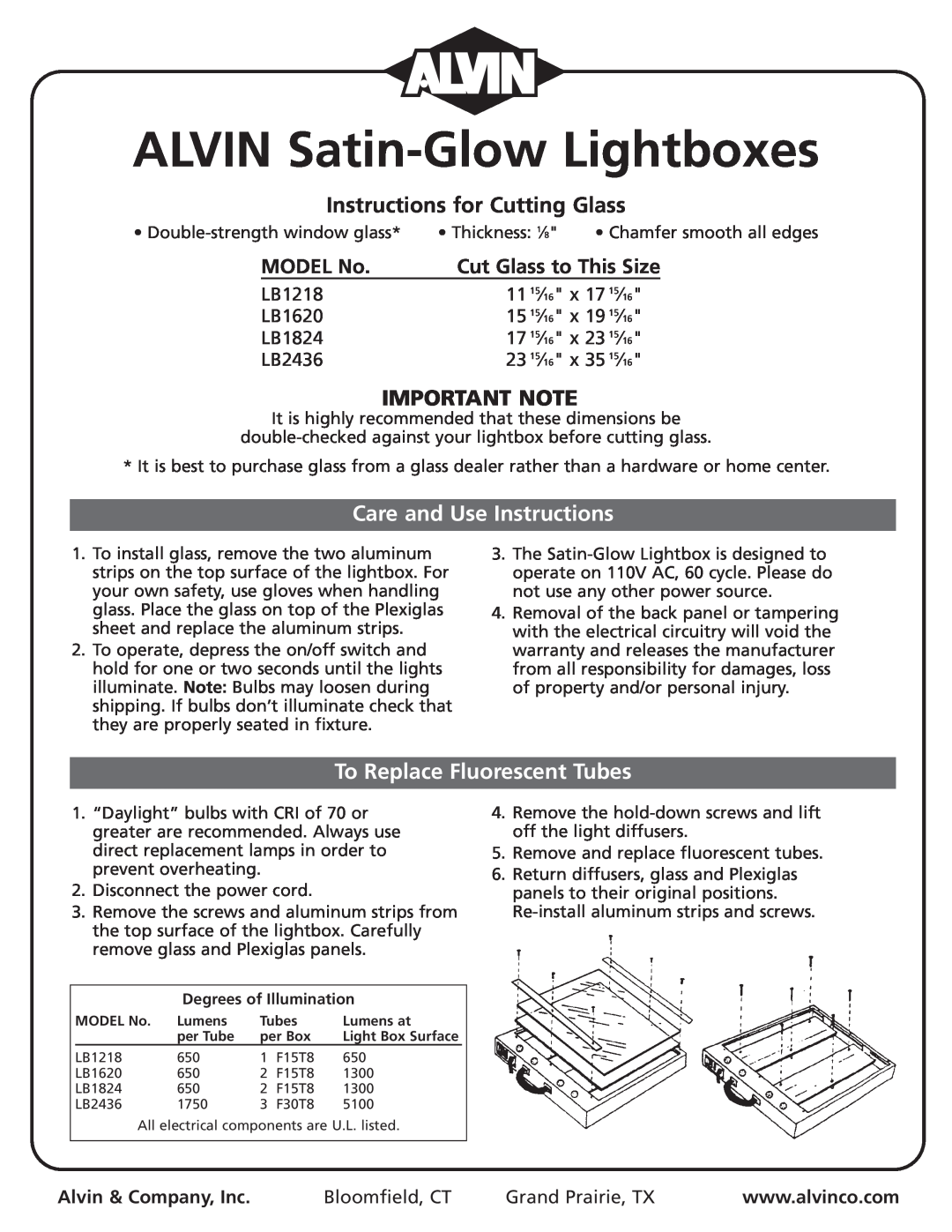 Alvin LB1620 dimensions ALVIN Satin-GlowLightboxes, Instructions for Cutting Glass, Important Note, MODEL No, LB1218 