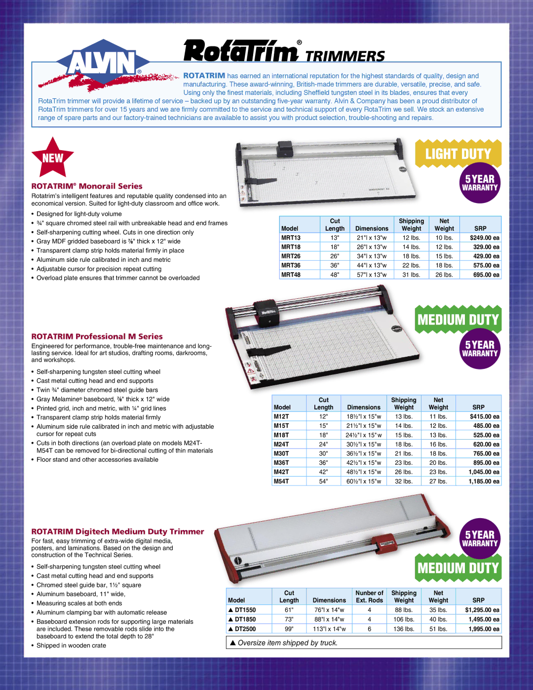 Alvin M24T, M54T warranty Rotatrim Monorail Series, Rotatrim Professional M Series, Rotatrim Digitech Medium Duty Trimmer 