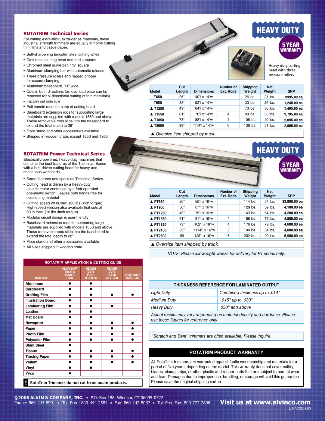 Alvin M54T, M24T warranty Rotatrim Technical Series, Rotatrim Power Technical Series 