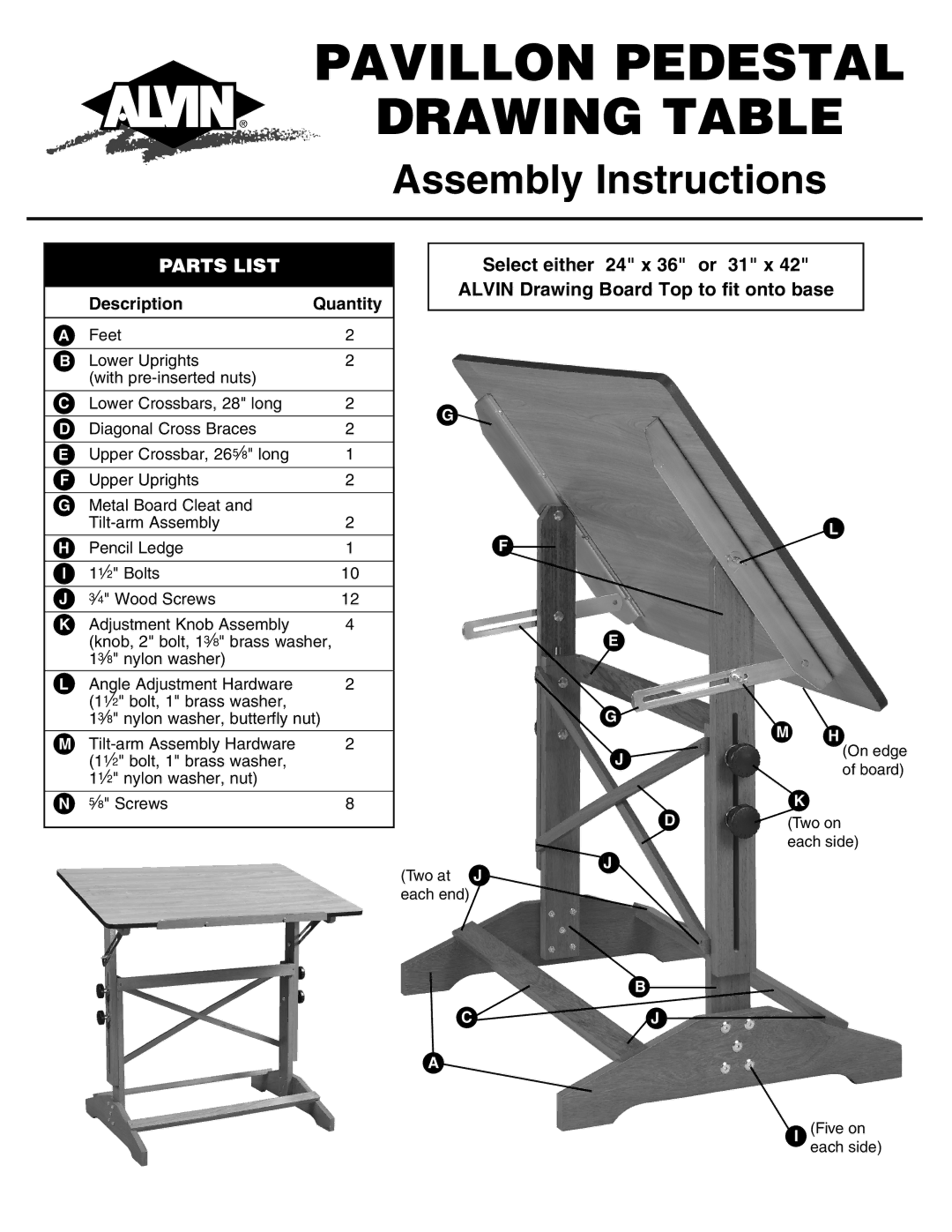 Alvin manual Pavillon Pedestal Drawing Table, Assembly Instructions, Parts List, Description Quantity 