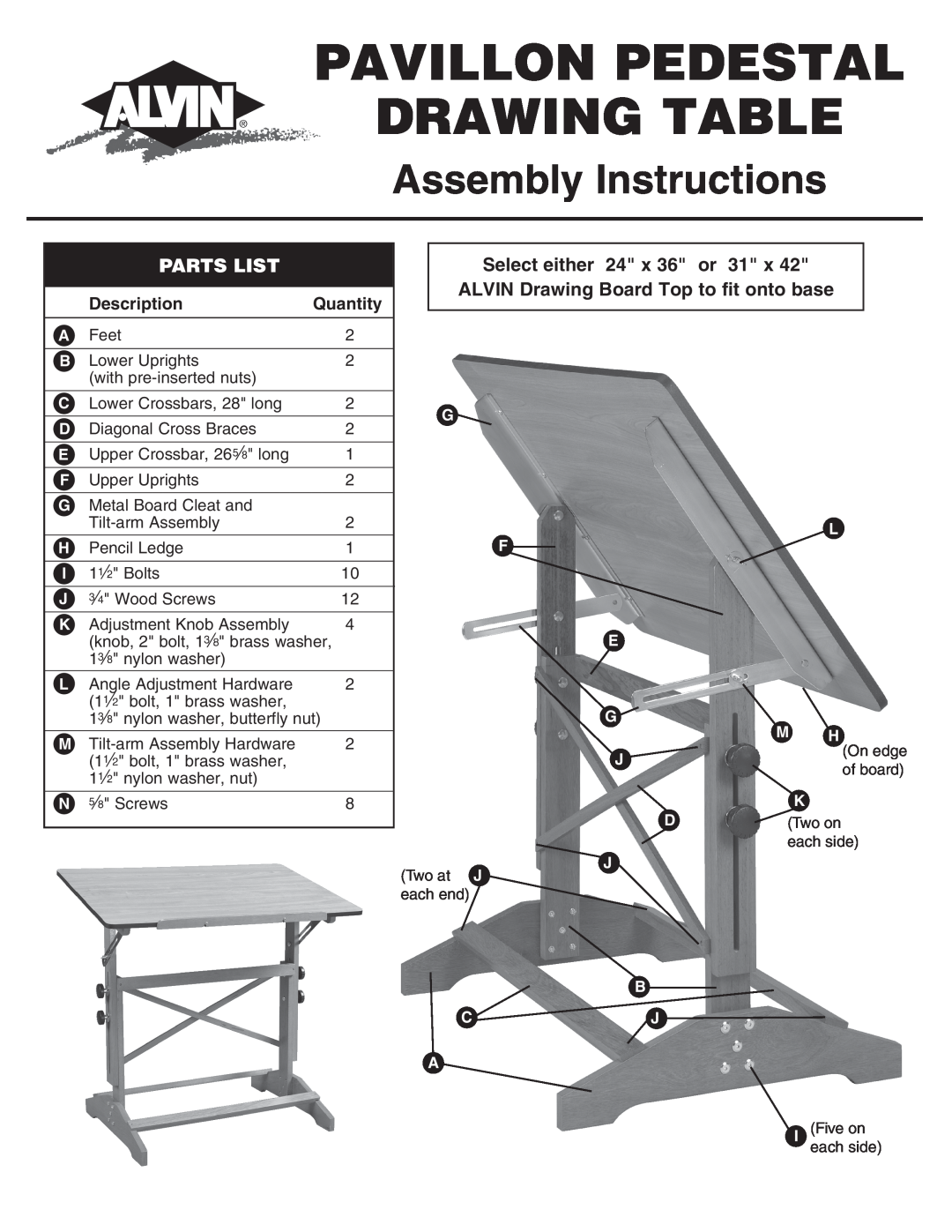 Alvin manual Parts List, Pavillon Pedestal Drawing Table, Assembly Instructions, Select either 24 x 36 or, Description 