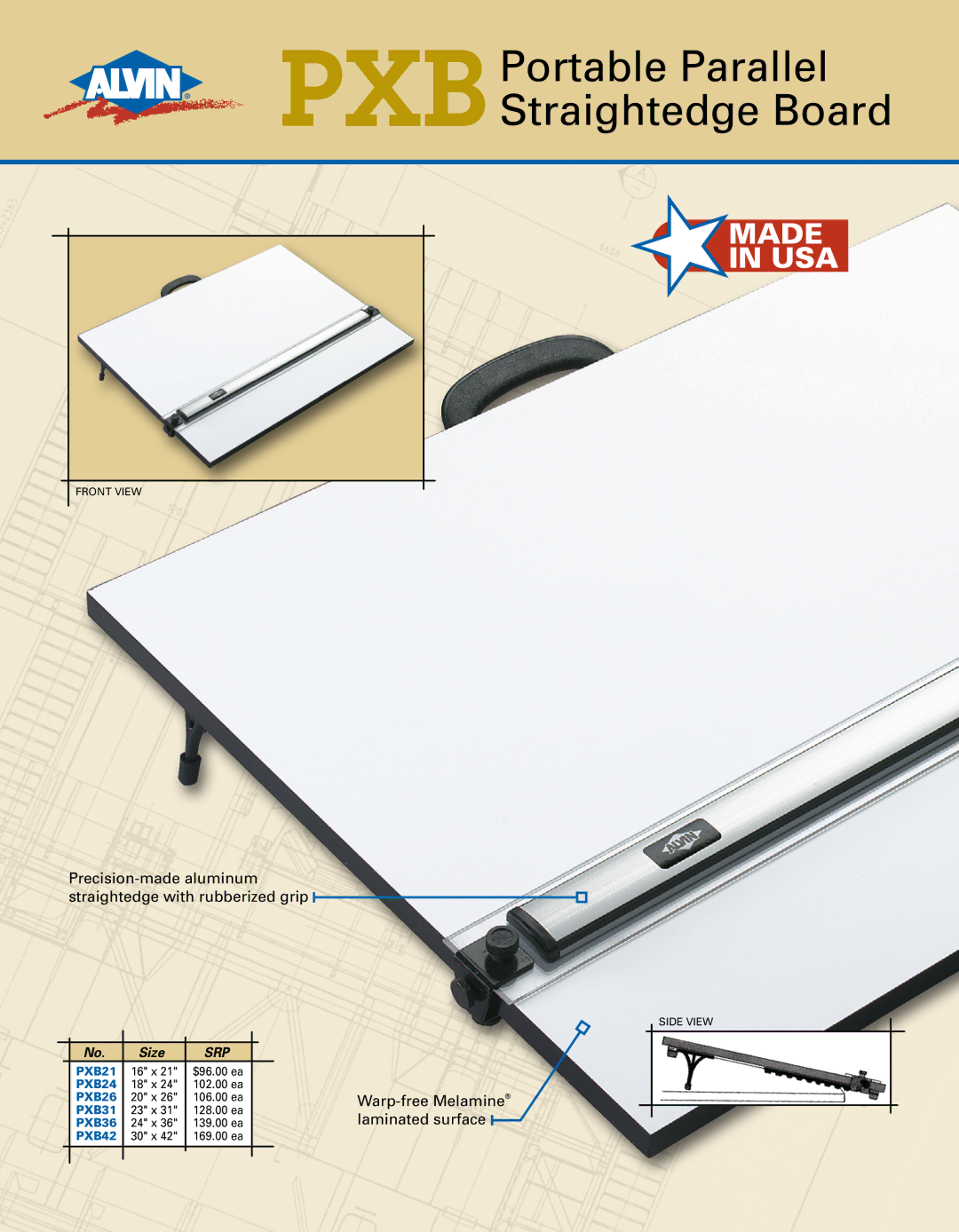 Alvin manual PXBPortable Parallel Straightedge Board, Precision-made aluminum straightedge with rubberized grip, Srp 