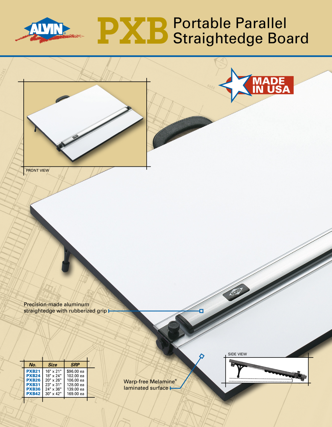 Alvin manual Warp-freeMelamine laminated surface, PXBPortable Parallel Straightedge Board, Size, PXB21, PXB24, PXB26 