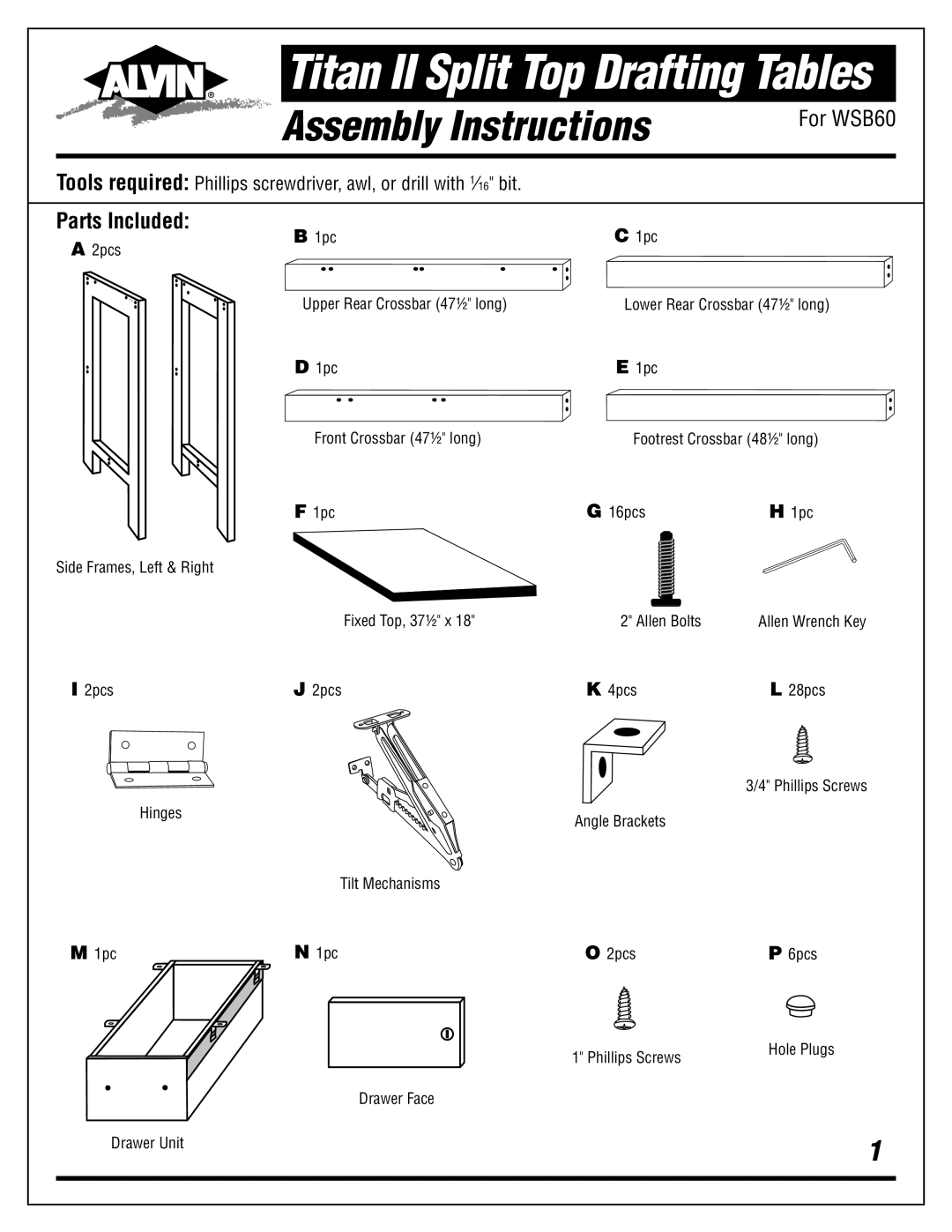 Alvin manual Titan II Split Top Drafting Tables, Parts Included 