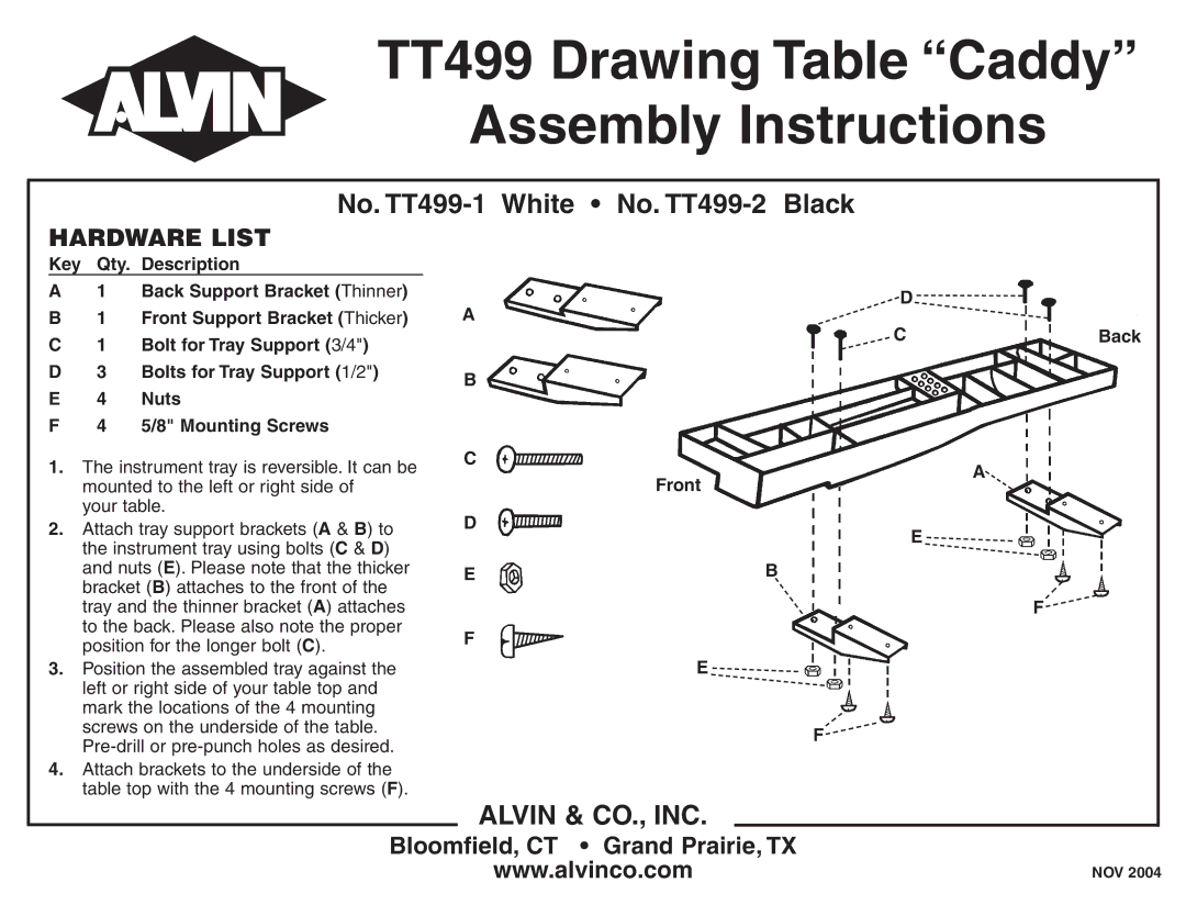 Alvin manual TT499 Drawing Table Caddy Assembly Instructions, No. TT499-1 White No. TT499-2 Black, Hardware List 