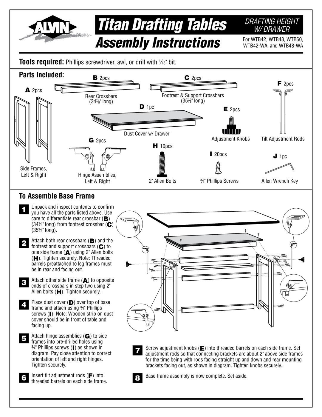 Alvin WTB48-WA, WTB60, WTB42-WA manual Parts Included, To Assemble Base Frame 