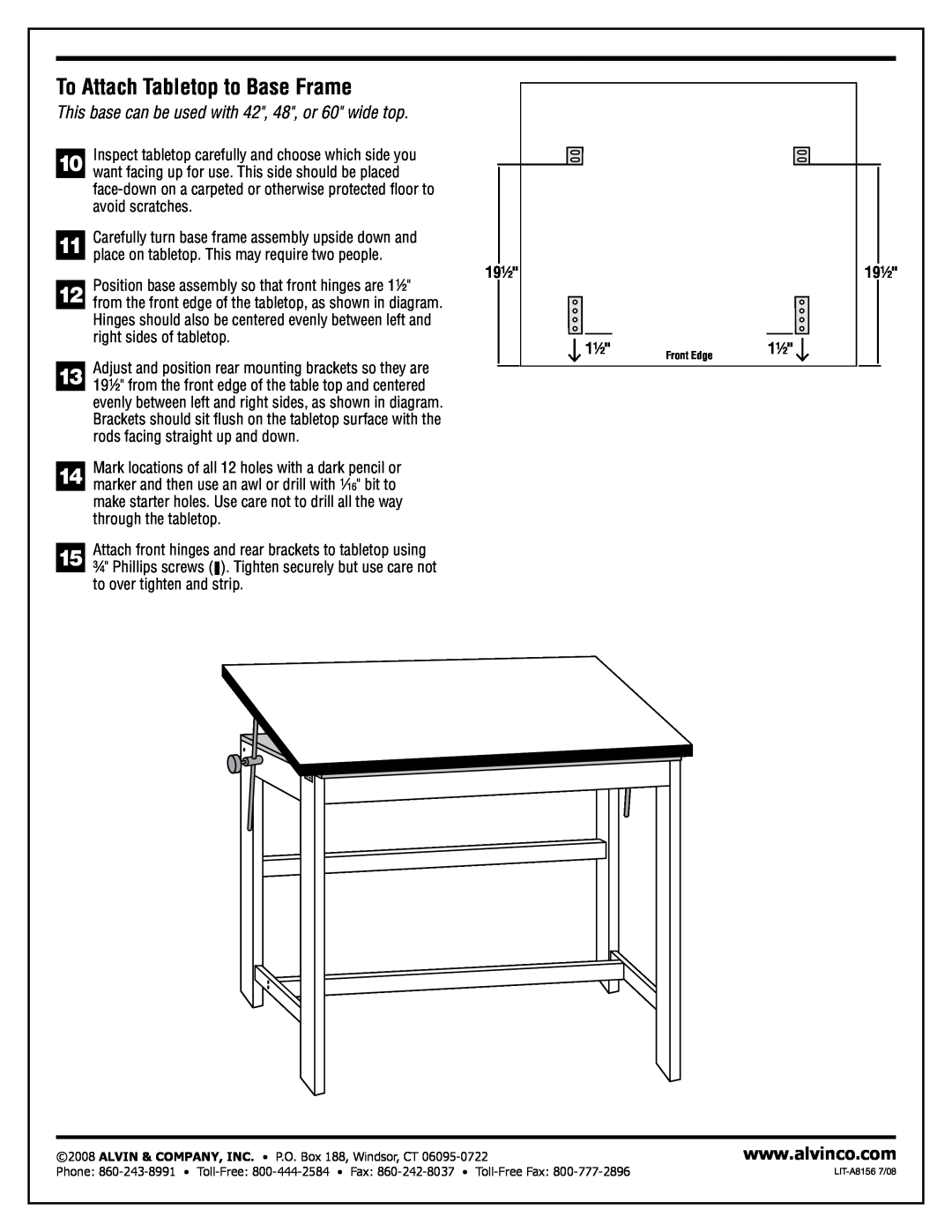 Alvin WTB60, WTB48-WA, WTB42-WA manual To Attach Tabletop to Base Frame, This base can be used with 42, 48, or 60 wide top 