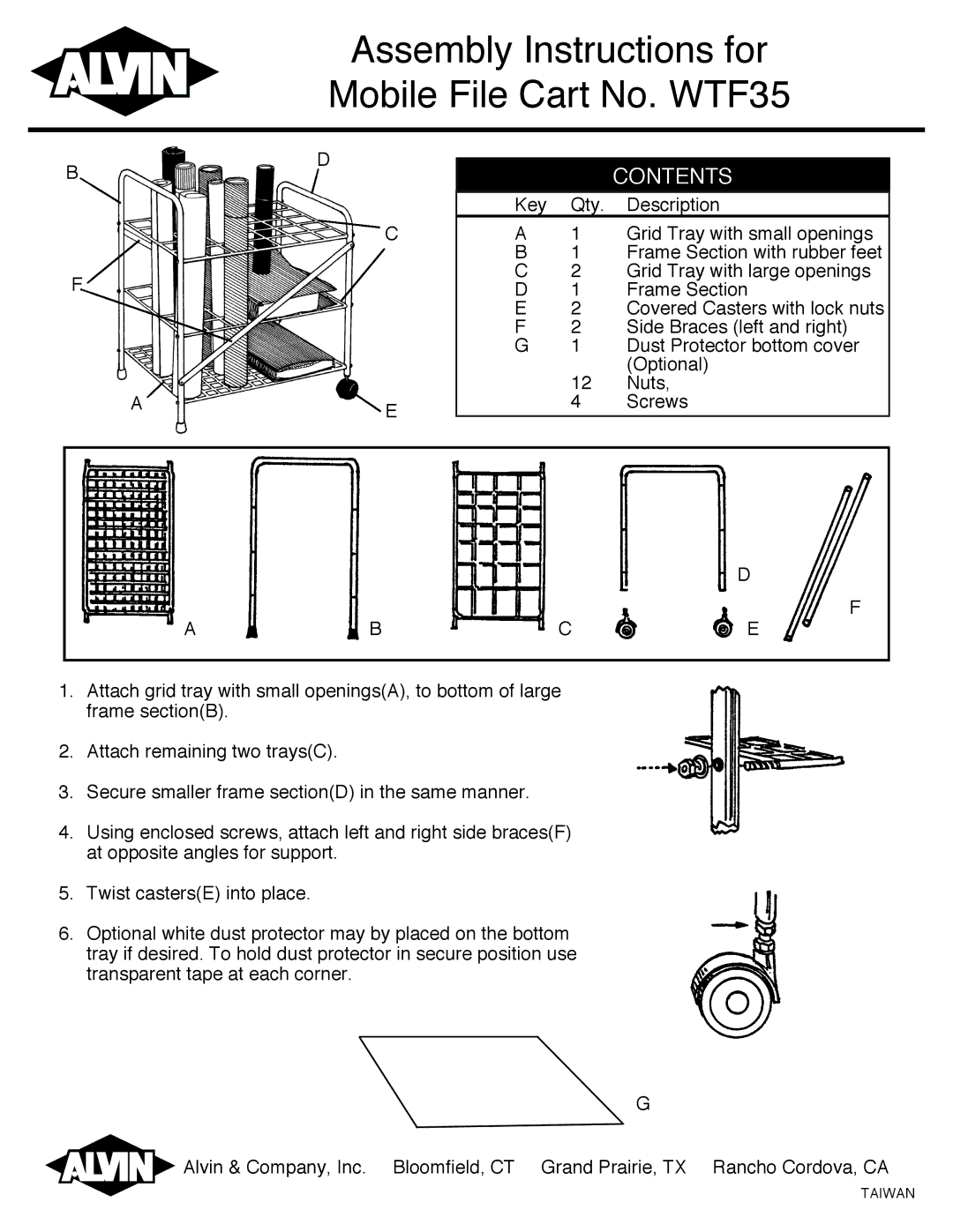 Alvin manual Assembly Instructions for, Mobile File Cart No. WTF35, Contents 